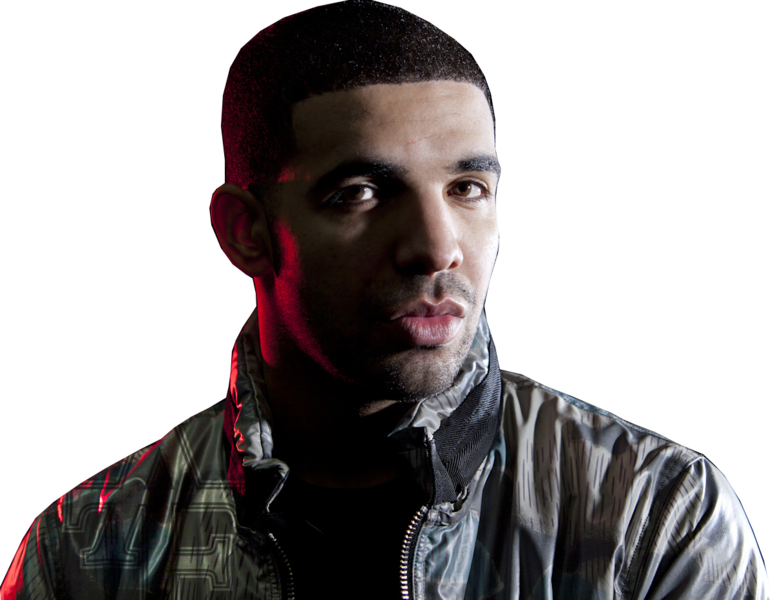 Drake 桌布 壁紙 — 一個穿著閃亮外套的男人在黑色背景下，被紅色和藍色的攝影棚燈光照射，眼神強烈地凝視。