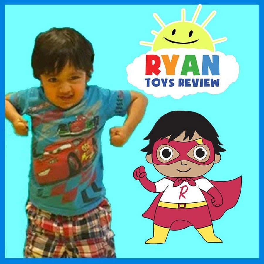 YouTube Banner 桌布 壁紙 — 一個穿著閃電麥坤襯衫的開心幼兒，在一個名為Ryan、帶有微笑太陽標誌的卡通超級英雄旁邊擺姿勢。