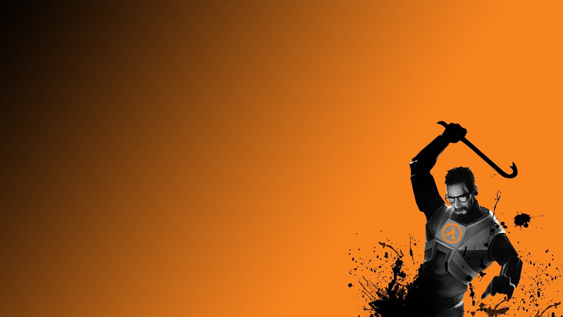 life 桌布 壁紙 — 一個穿著防護衣的剪影人物，在帶有墨水飛濺的橙色漸變背景上揮舞著撬棍。