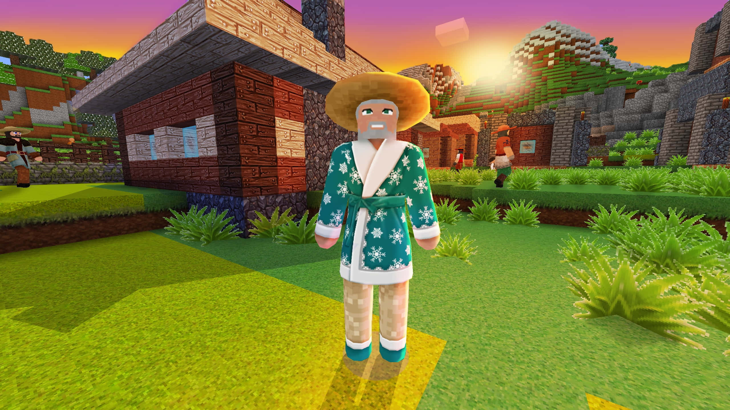 Minecraft Adventure 桌布 壁紙 — 一個穿著雪花長袍的Minecraft角色站在夕陽下的草地村莊中，背景有方塊房屋和山脈。