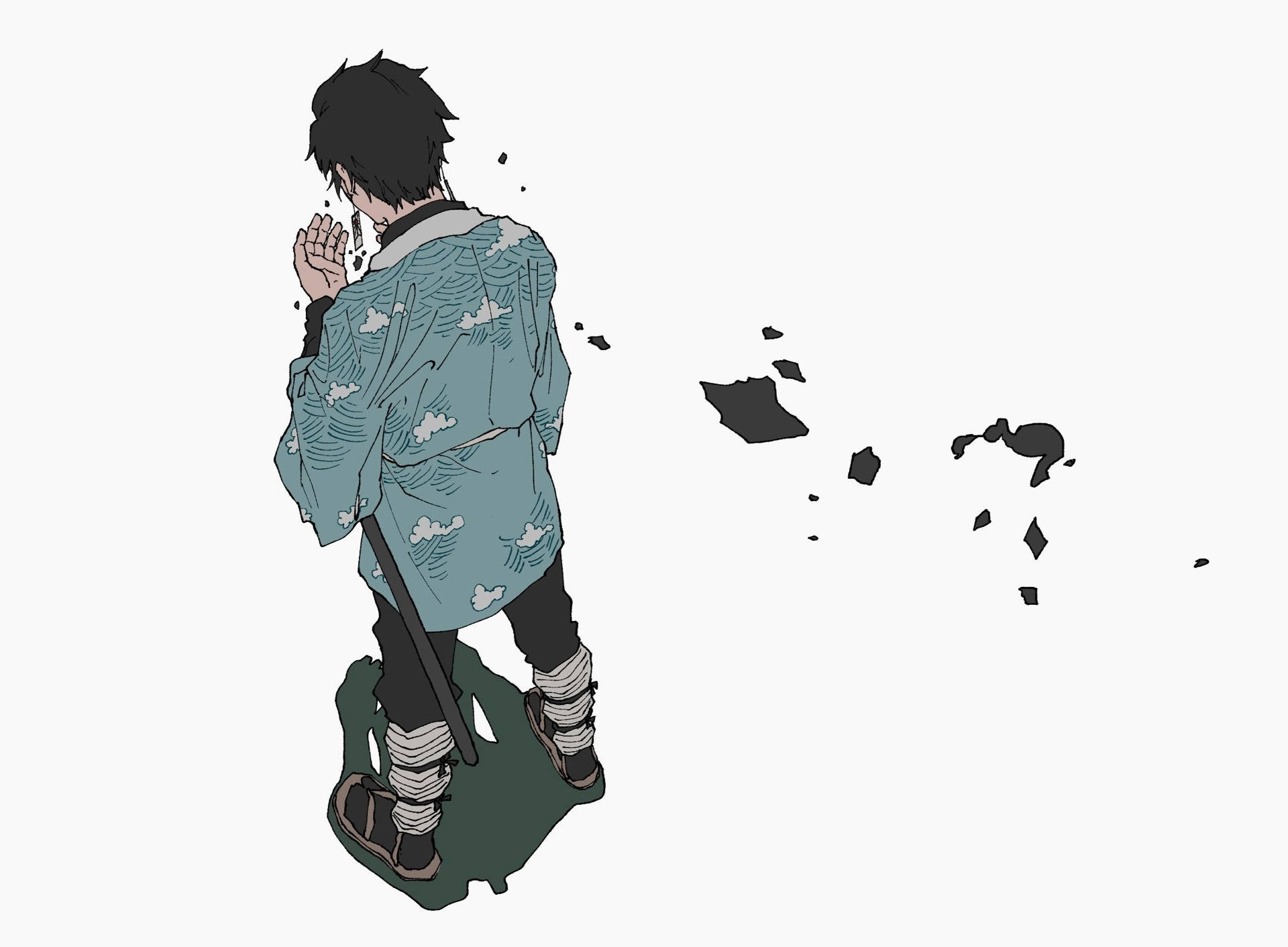 帥氣鬼滅之刃 桌布 壁紙 — 一個穿著雲紋長袍的年輕動漫男孩，手持法杖，黑暗碎片從他身上飄離，背景樸素。