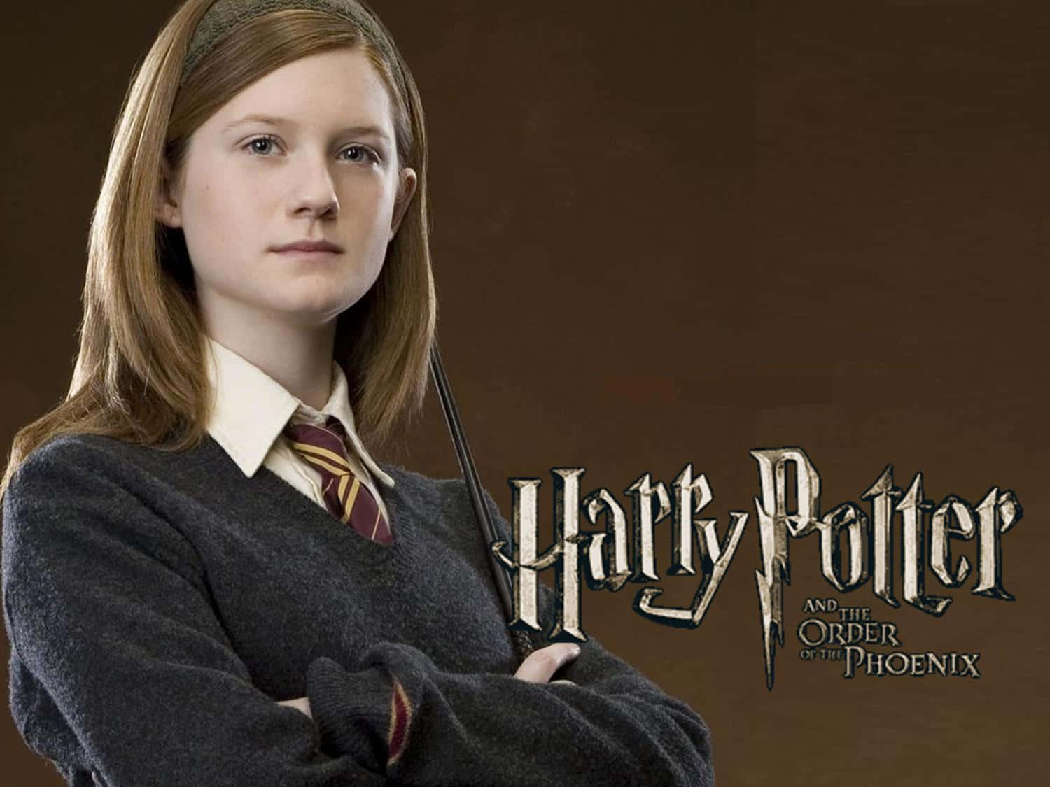 Ginny Weasley 桌布 壁紙 — 一個穿著霍格華茲制服的年輕女巫，在棕色背景前自信地交叉雙臂，背景有《哈利波特：鳳凰會的密令》的標題。