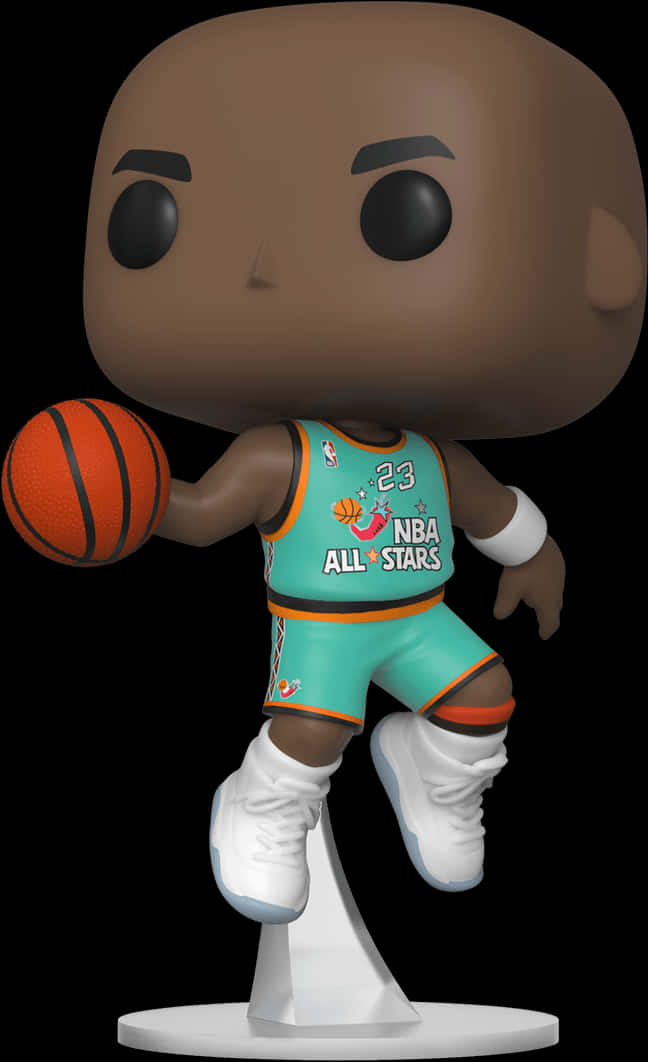 芝加哥公牛 桌布 壁紙 — 一個穿著青綠色NBA全明星球衣、手持籃球、背景為黑色的麥可喬丹Funko Pop公仔。