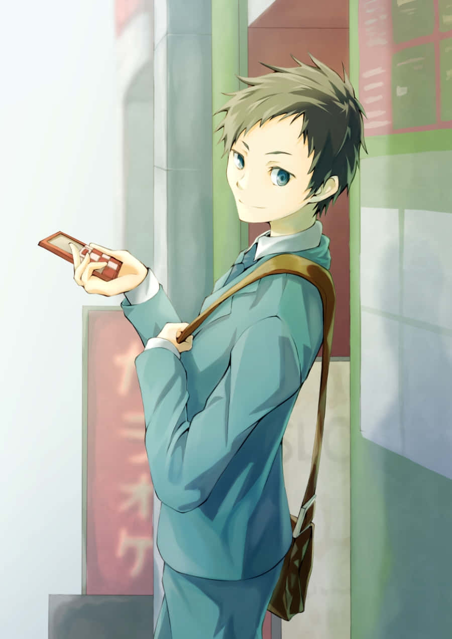 Mikado Ryuugamine 桌布 壁紙 — 一個穿著青綠色制服、開心的動畫男孩，拿著紅色電話，背著棕色包包微笑。