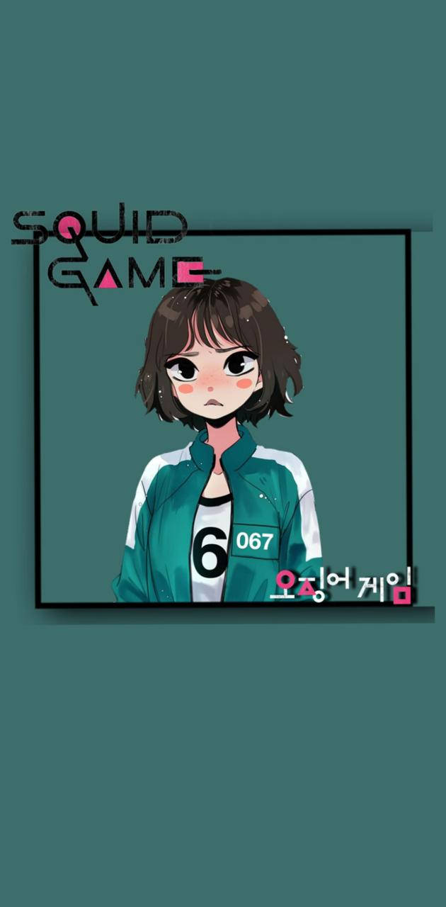 game 桌布 壁紙 — 一個穿著青綠色和白色魷魚遊戲制服、編號6067的年輕女孩，在深青綠色背景前顯得憂慮。