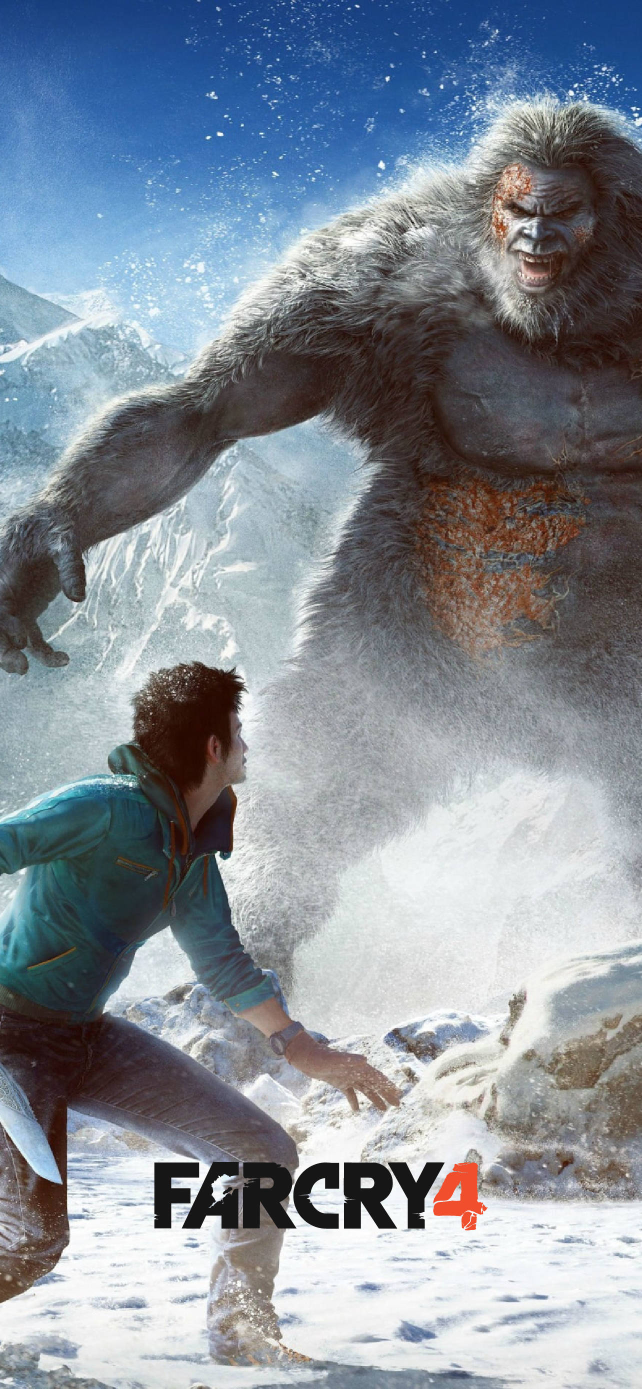 far cry iPhone 桌布 壁紙 — 一個穿著青綠色外套的男人蹲在雪地裡，一隻巨大的憤怒雪人向他撲來，背景是白雪皚皚的山脈。