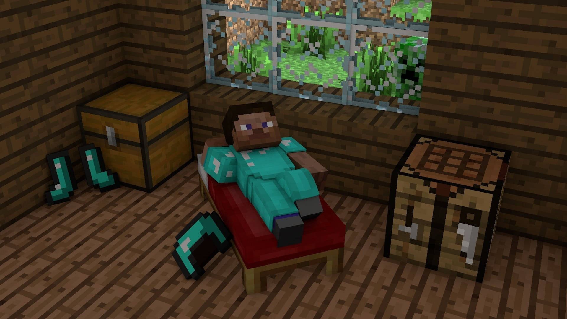 我的世界 史蒂夫 桌布 壁紙 — 一個穿著青綠色盔甲的Minecraft角色在木屋內的紅色床上休息，窗外是草地景色。