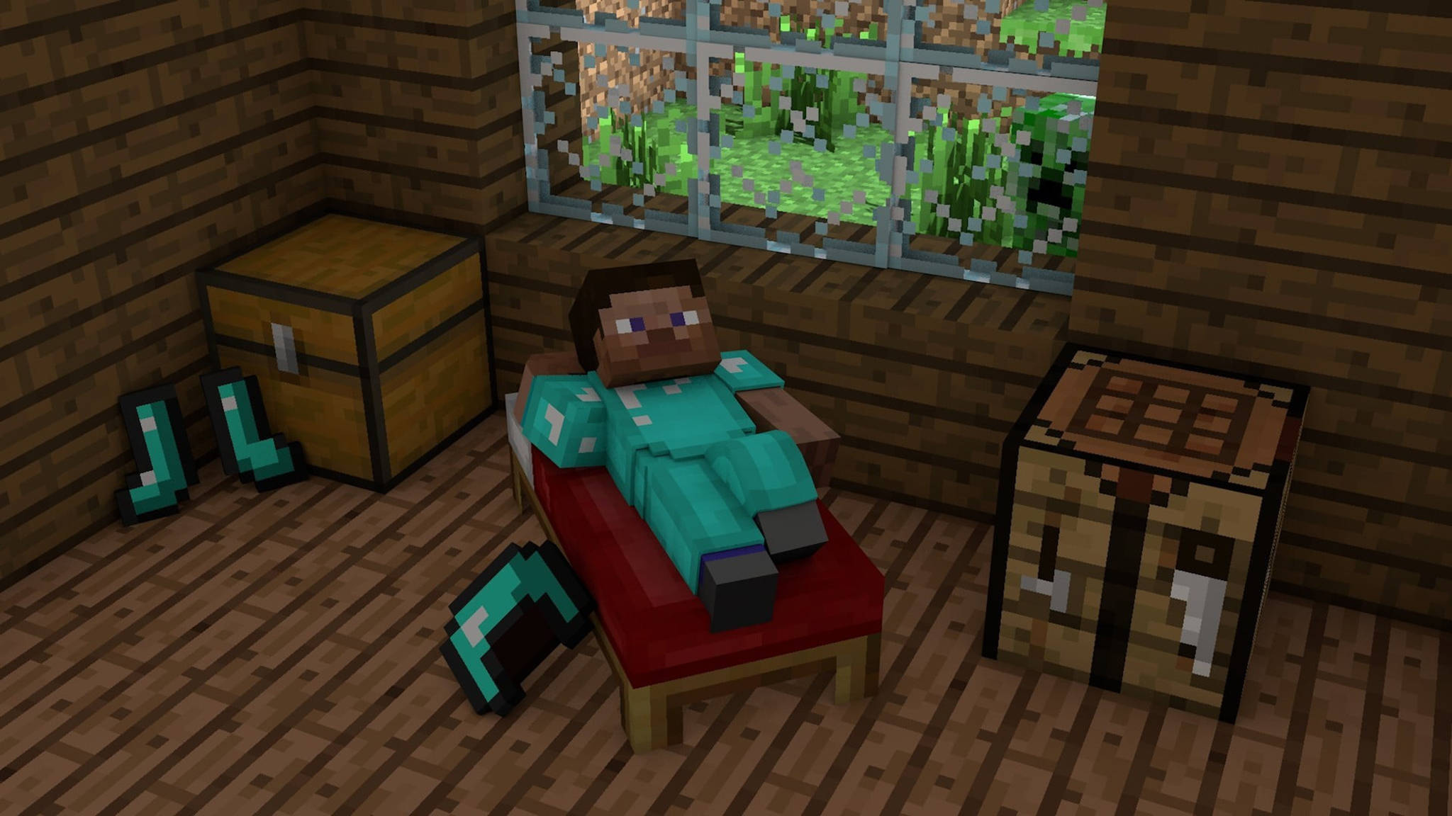 我的世界 史蒂夫 桌布 壁紙 — 一個穿著青綠色盔甲的Minecraft角色在木屋內的紅色床上休息，窗外是草地景色。