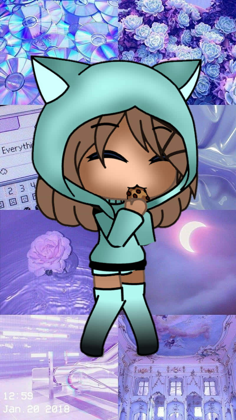 Gacha 桌布 壁紙 — 一個穿著青綠色貓咪連帽衫的Q版動漫女孩在夢幻般的紫色拼貼畫（包括花朵、CD和彎月）前吃餅乾。