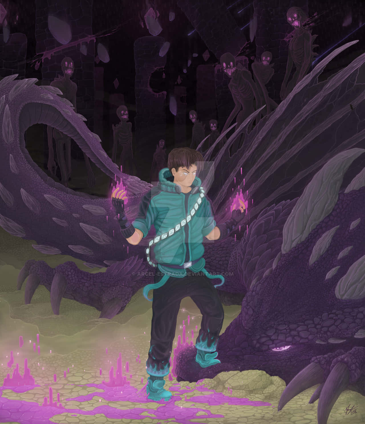 Herobrine 桌布 壁紙 — 一個穿著青綠色連帽衫的男孩，雙手和雙腳散發著發光的粉紅色能量，挑釁地站在一隻巨大的紫色龍面前。