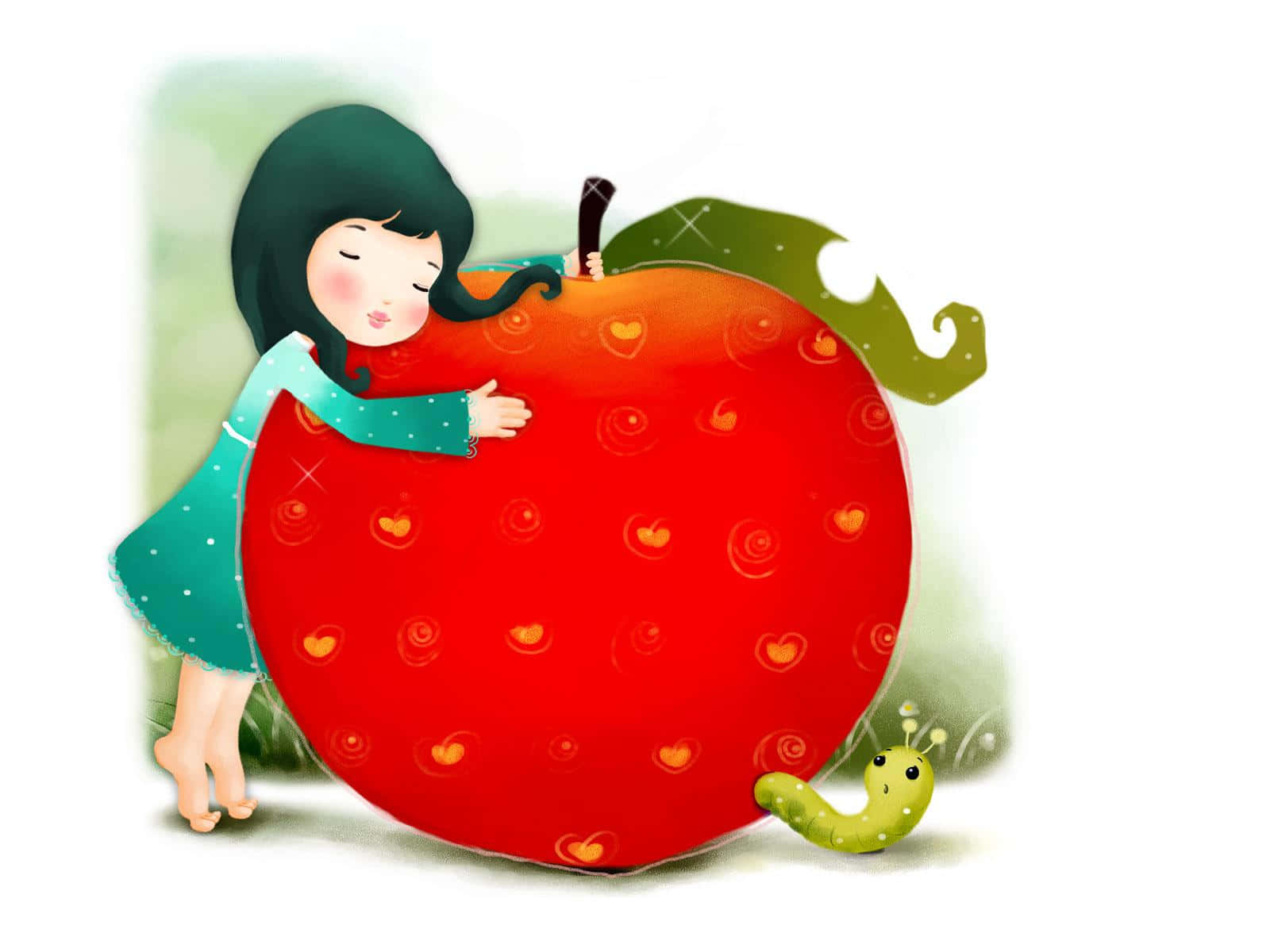 Cute Animations 桌布 壁紙 — 一個穿著青綠色連衣裙的可愛女孩抱著一個帶有心形圖案的巨大紅蘋果，一條綠色小蟲在旁邊看著。