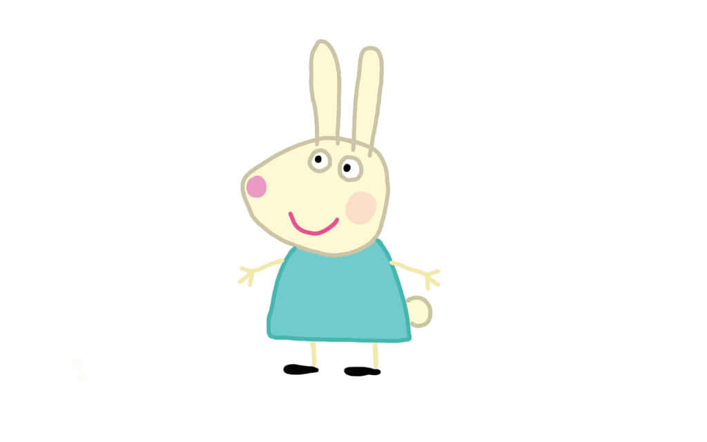Rebecca Rabbit 桌布 壁紙 — 一個穿著青綠色連衣裙的快樂卡通兔女郎，在純白背景上微笑，臉頰紅潤。