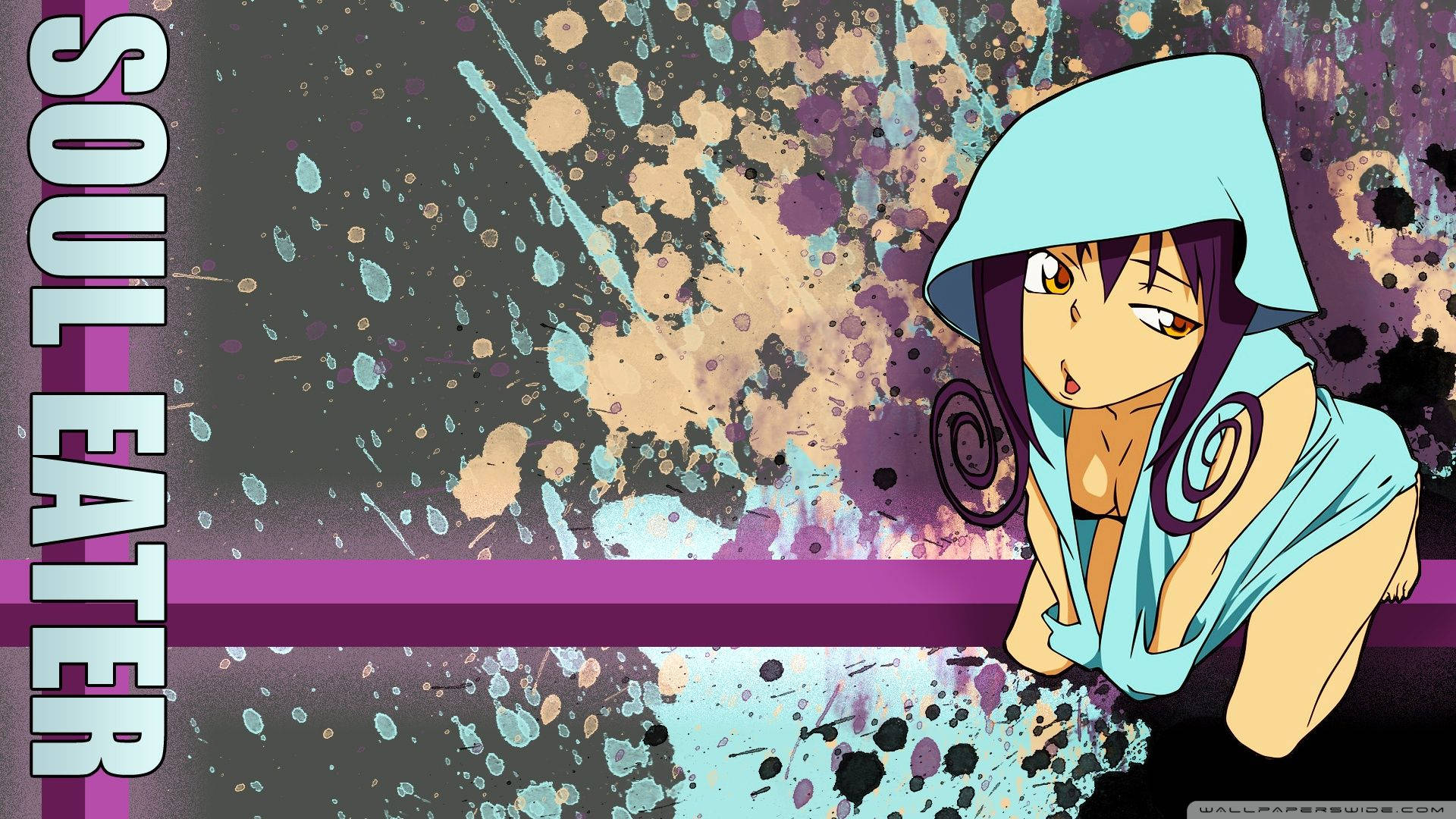 Soul Eater 桌布 壁紙 — 一個穿著青色連帽衫、紫色頭髮的動漫女孩蹲在濺滿油漆的背景前，背景上有「SOUL EATER」字樣。
