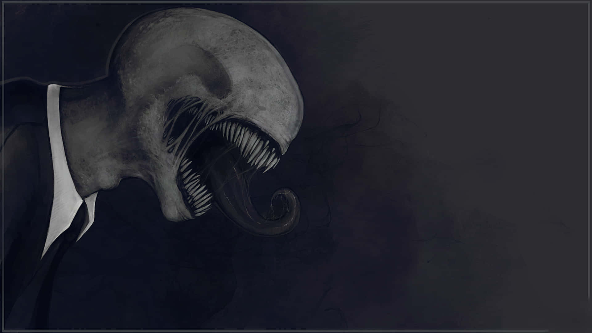 Creepypasta 桌布 壁紙 — 一個穿著類似人類西裝的威脅性生物，有著怪誕張開的嘴巴，露出尖銳的牙齒和長長的舌頭。