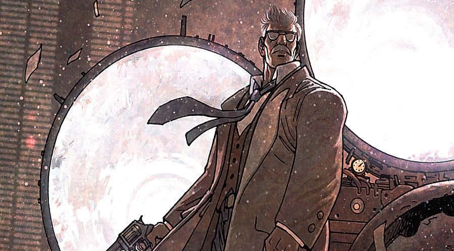 Commissioner Gordon 桌布 壁紙 — 一個穿著風衣和眼鏡的粗獷漫畫風格男子，自信地站在一個大型機械齒輪旁邊，背景是工業機器和發光的光線。
