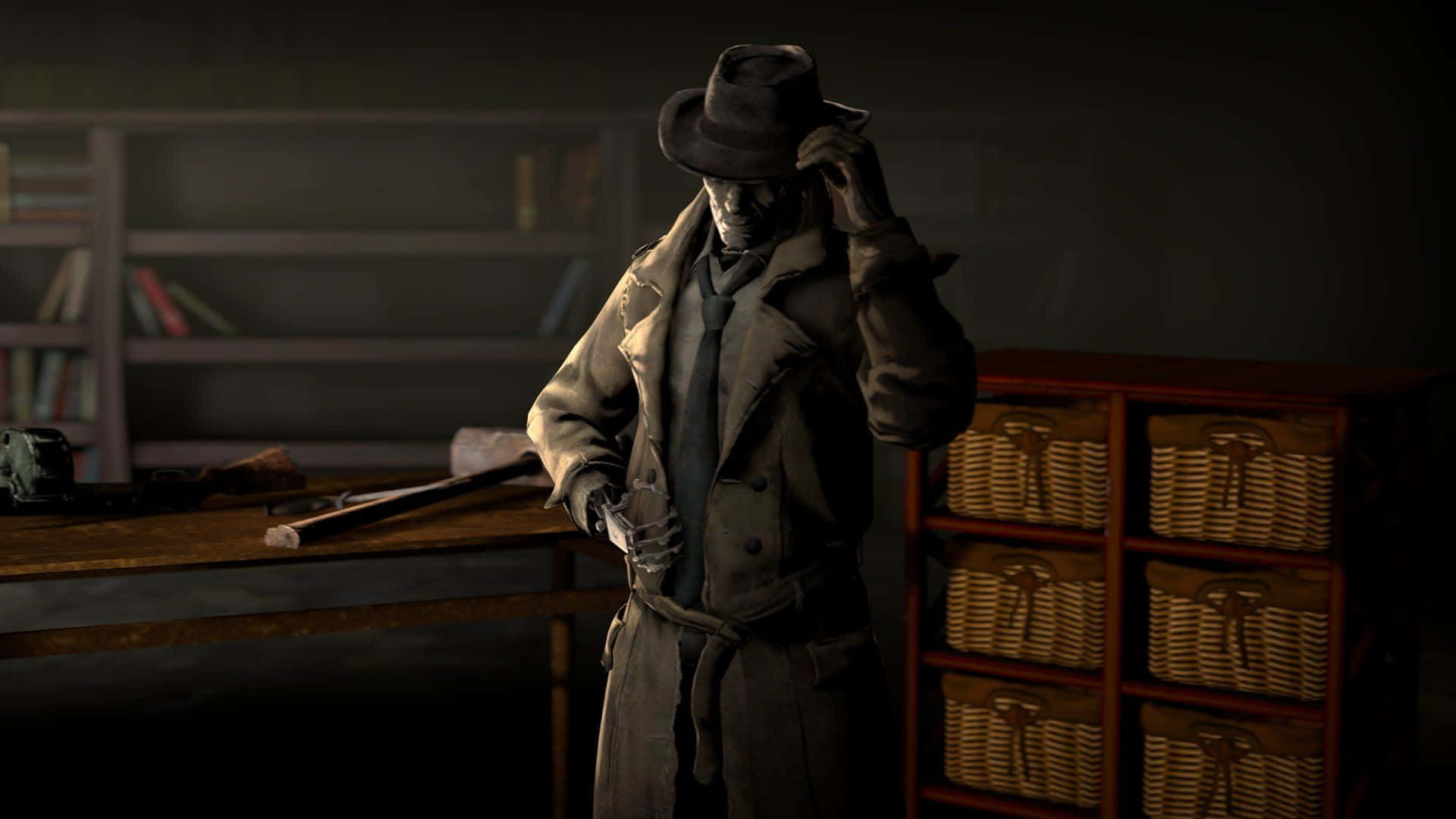 Nick Valentine 桌布 壁紙 — 一個穿著風衣和軟呢帽的骷髏人物，在一個光線昏暗、有木製家具和柳條籃的房間裡調整帽子。