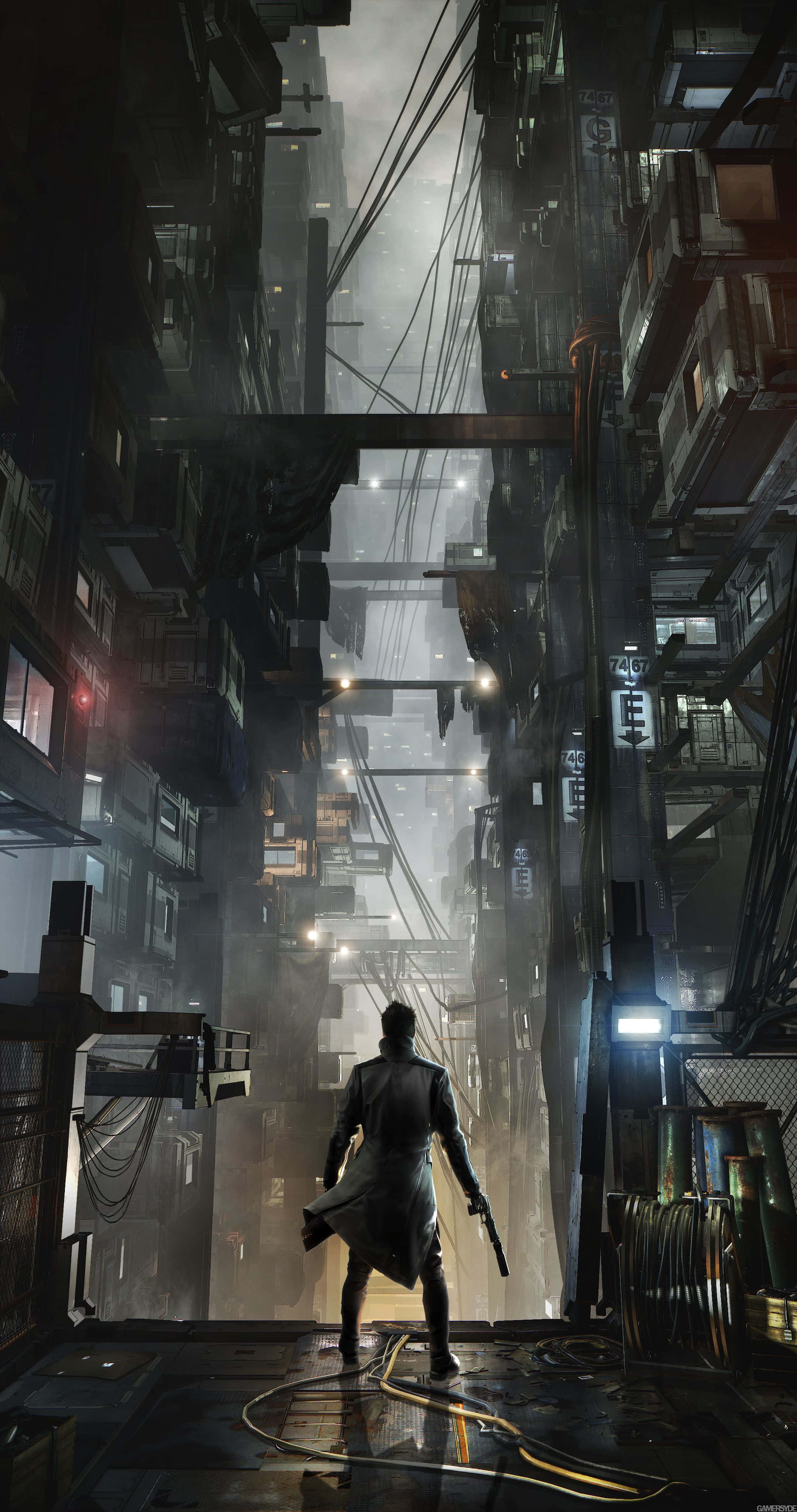 Pixel 3xl Cyberpunk 2077 桌布 壁紙 — 一個穿著風衣的孤獨身影站在高聳的賽博朋克小巷的潮濕平台上，周圍是霓虹燈和纏繞的電線，天空迷濛。