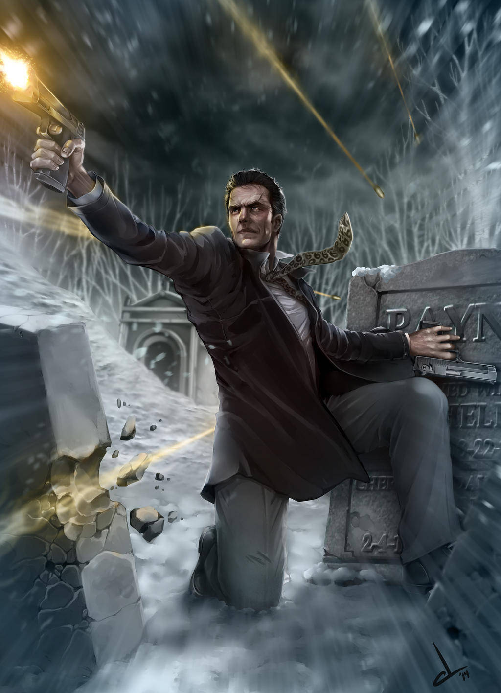 Max Payne 桌布 壁紙 — 一個穿著風衣的男人跪在雪地墓園，發射一把發光的手槍，同時一條蛇纏繞在他的脖子上。
