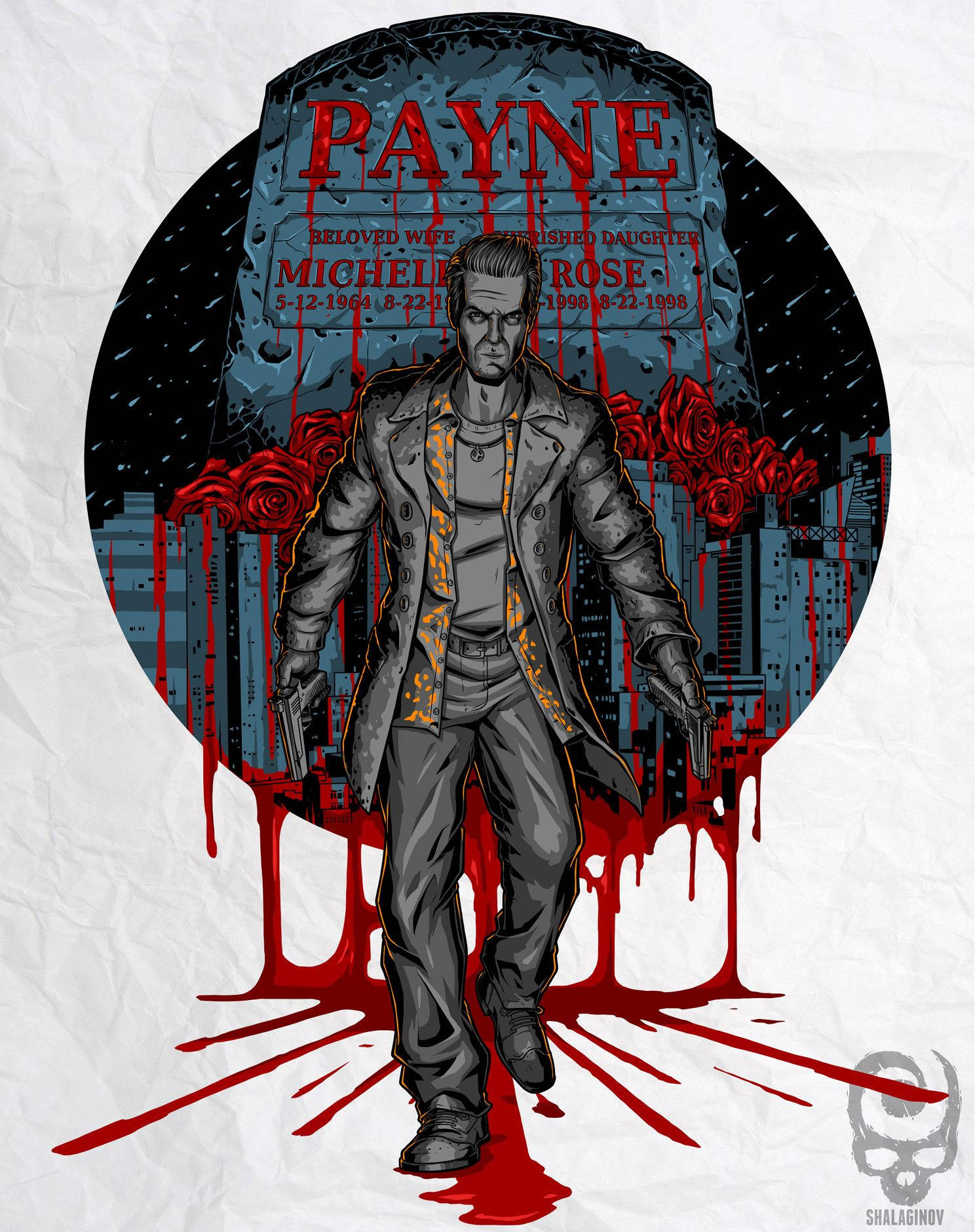 Max Payne 桌布 壁紙 — 一個穿著風衣的粗獷插畫男人，在滴著血的墓碑和玫瑰襯托城市天際線的場景中走過血泊。