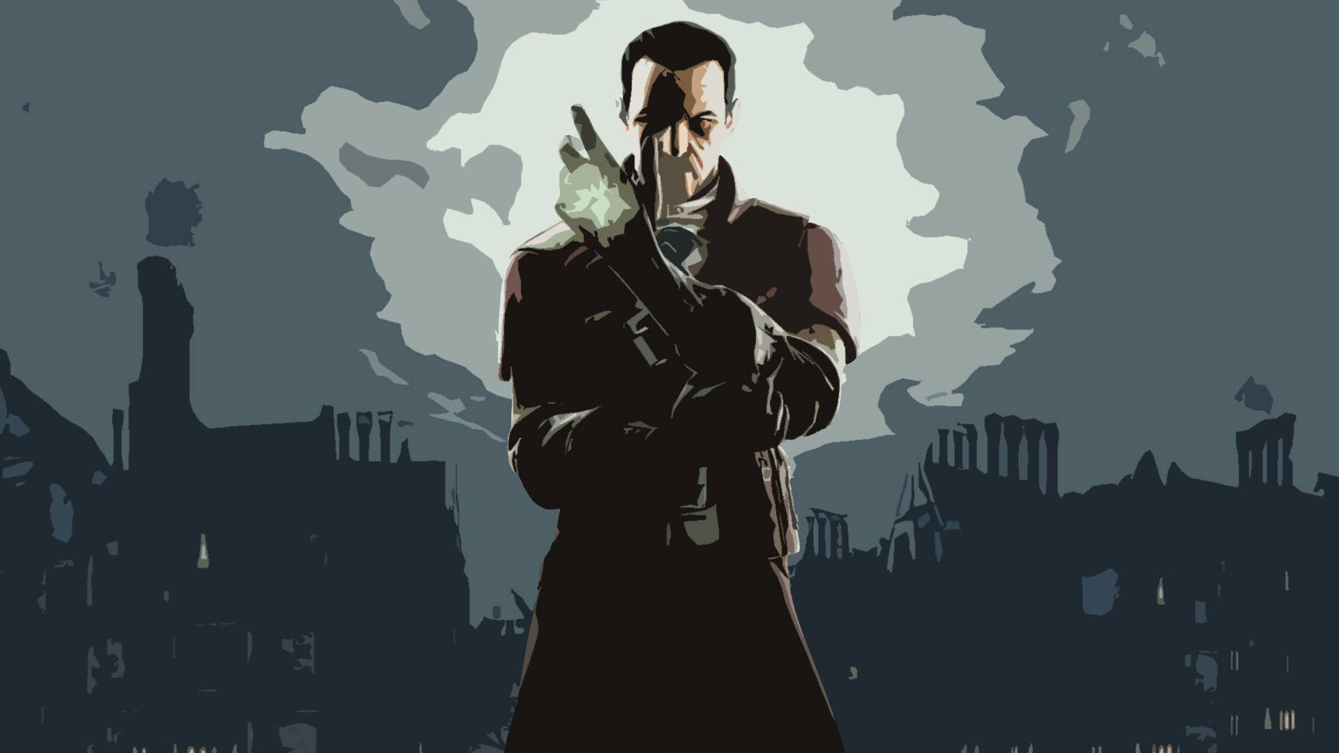 Dishonored 2 桌布 壁紙 — 一個穿著風衣的風格化男子，在多雲的天空下，對著黑暗破敗的城市景觀舉著冒煙的槍。