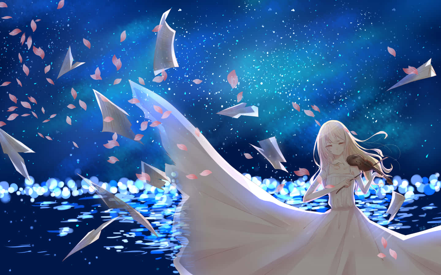Your Lie In April 桌布 壁紙 — 一個穿著飄逸白色連衣裙的年輕動漫女孩在繁星點點的藍天下拉小提琴，紙船和粉紅色花瓣在她周圍飄蕩。