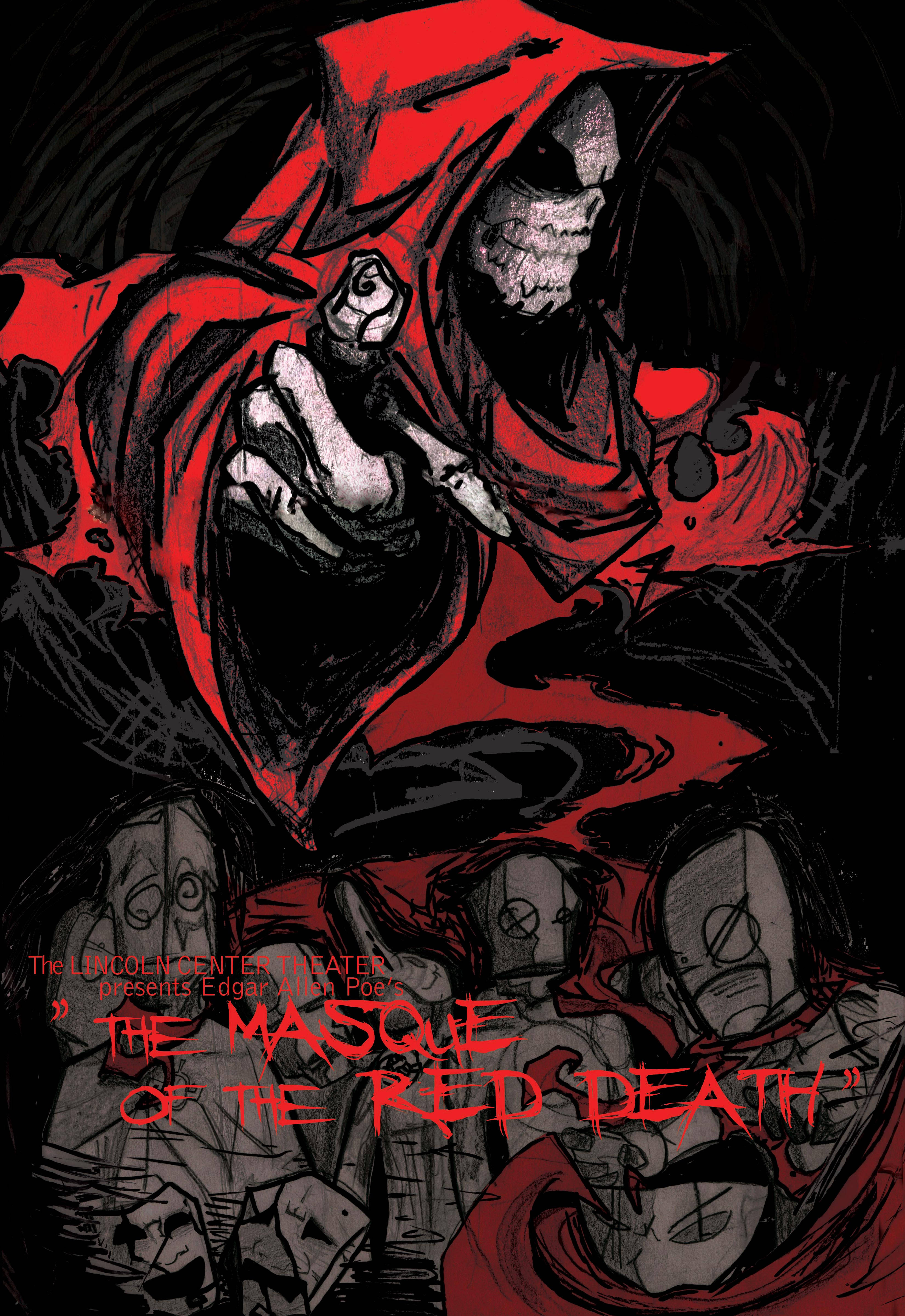 Red Death 桌布 壁紙 — 一個穿著飄逸紅袍的可怕骷髏人物指向下方，鬼魂般戴面具的人物在黑色背景中圍繞著它。