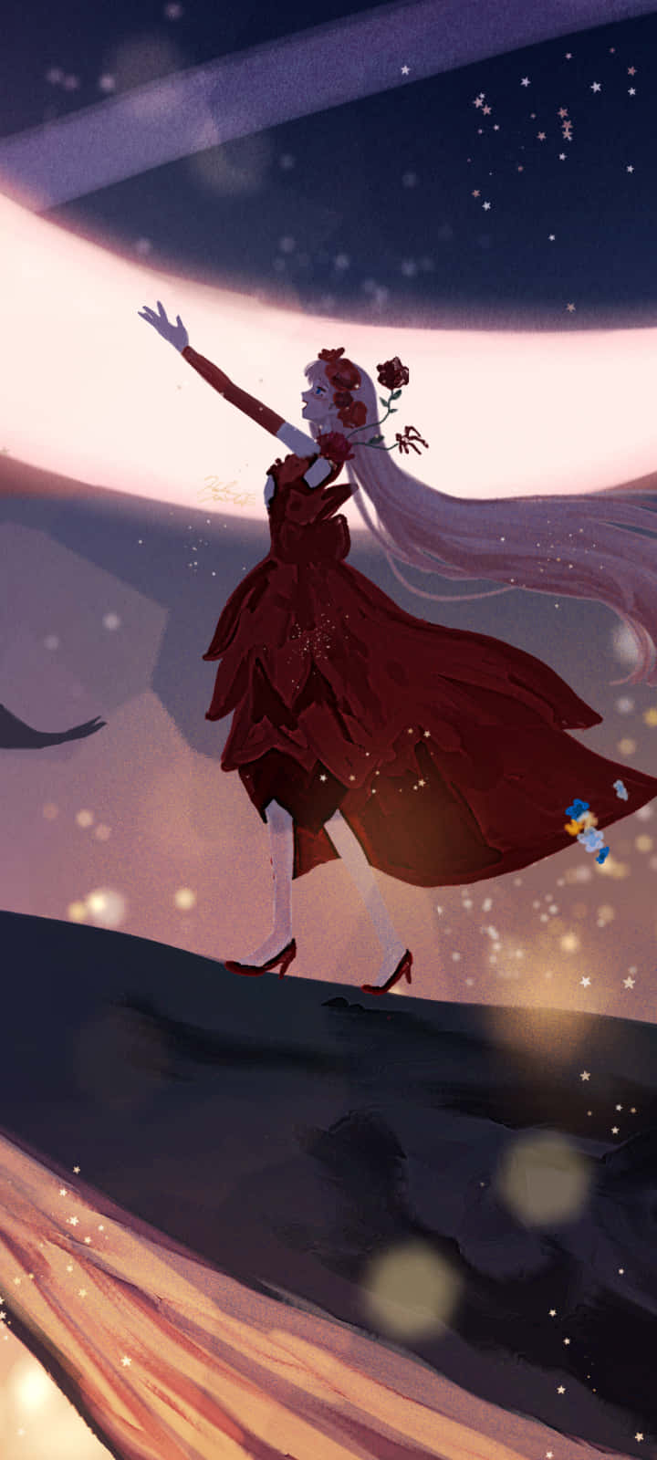 美女與野獸 桌布 壁紙 — 一個穿著飄逸紅裙的女孩站在懸崖上，星空暮色下，一隻手臂高舉，手中握著一朵玫瑰。