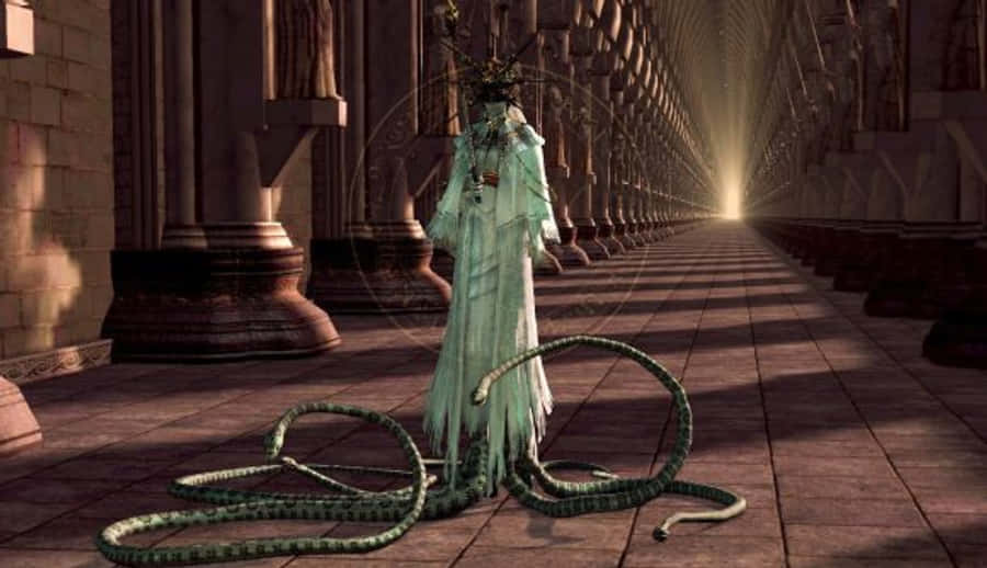 Dark Sun Gwyndolin 桌布 壁紙 — 一個穿著飄逸綠色長袍的幽靈般身影，站在宏偉的石造大教堂走道上，被遠處溫暖的金色光芒所沐浴。
