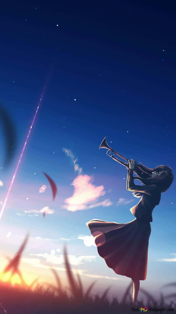 動畫 桌布 壁紙 — 一個穿著飄逸連衣裙的女孩在星光燦爛的暮色天空下吹奏小號，伴隨著 vibrant 的日落和飄落的花瓣。