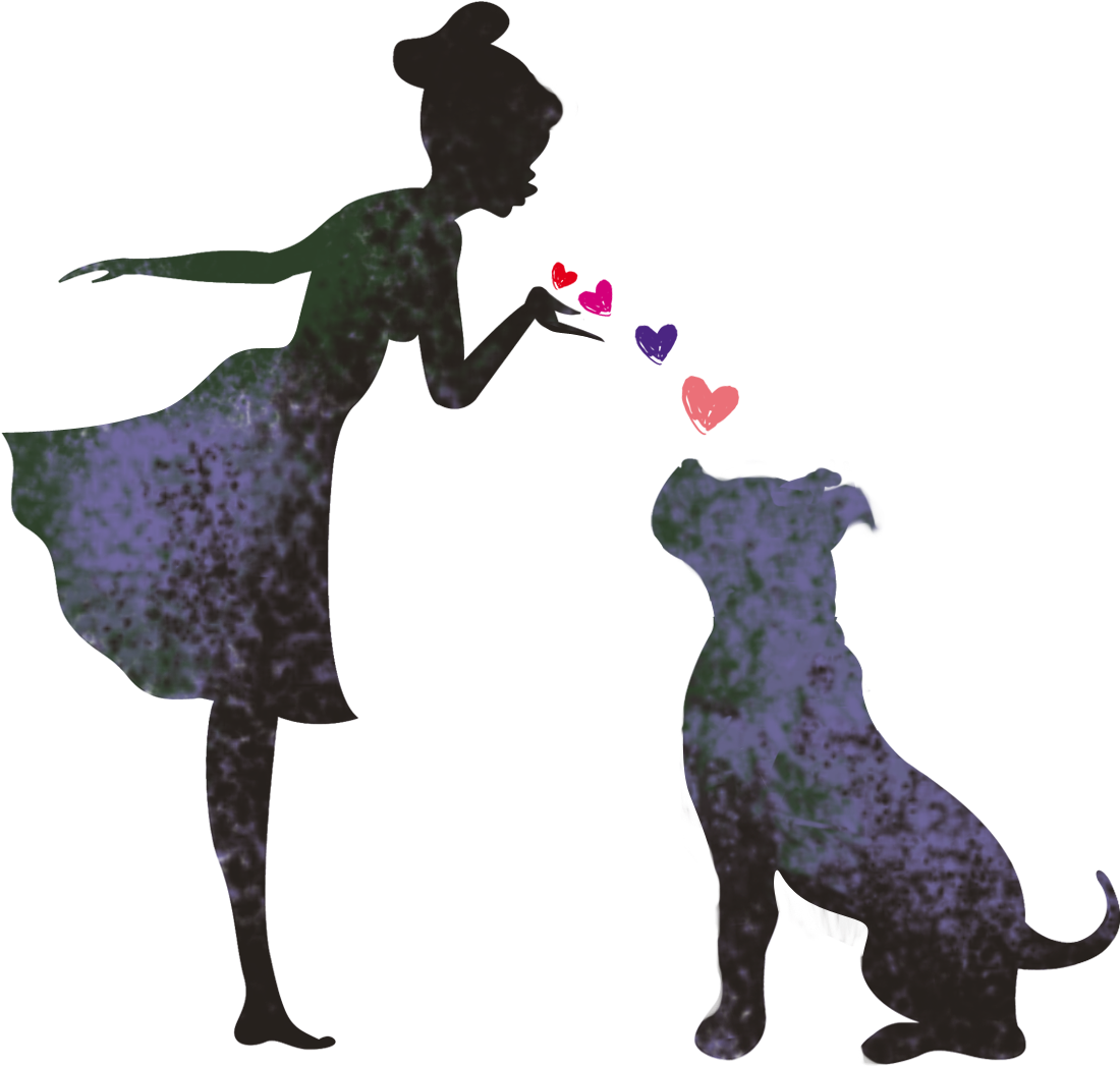 比特犬 桌布 壁紙 — 一個穿著飄逸連衣裙的女孩在黑色背景前向一隻坐著的狗獻上彩色心形。