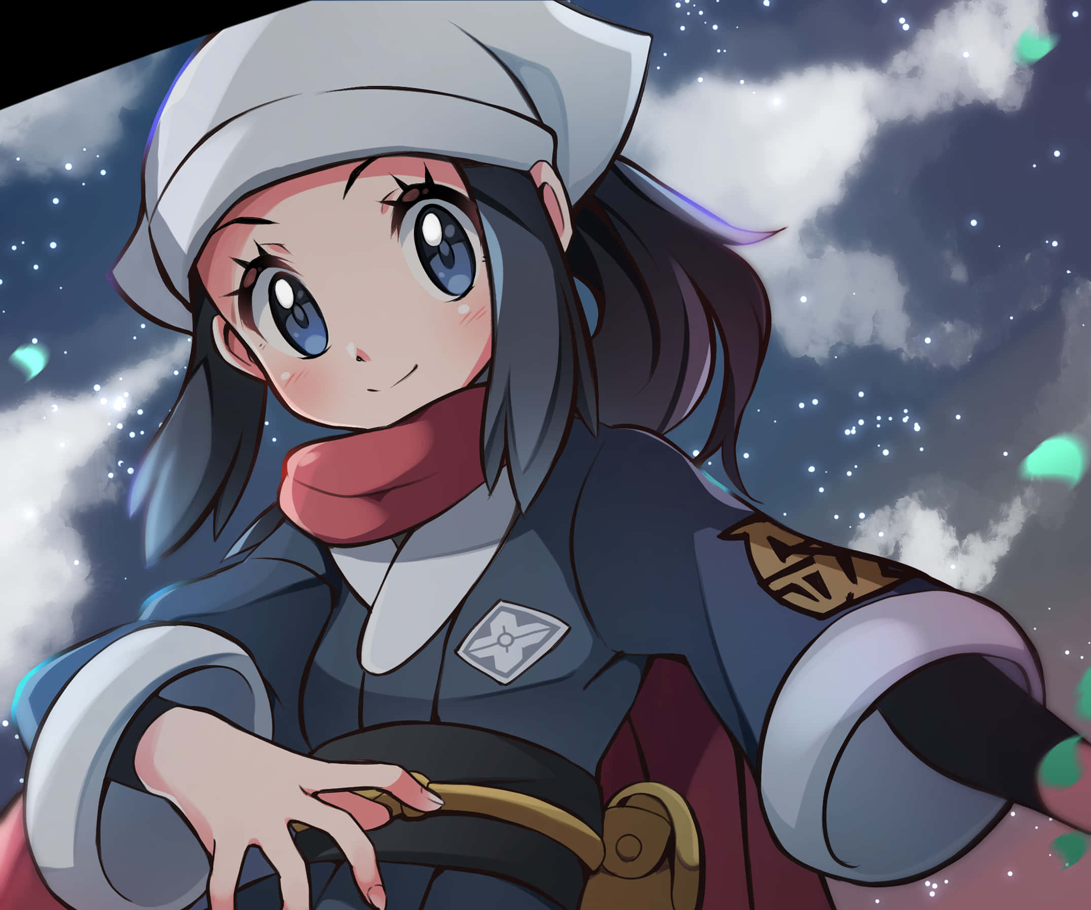 動漫女孩 桌布 壁紙 — 一個穿著飛行員制服的可愛動漫女孩，在繁星點點的夜空下微笑，周圍有發光的綠色粒子。