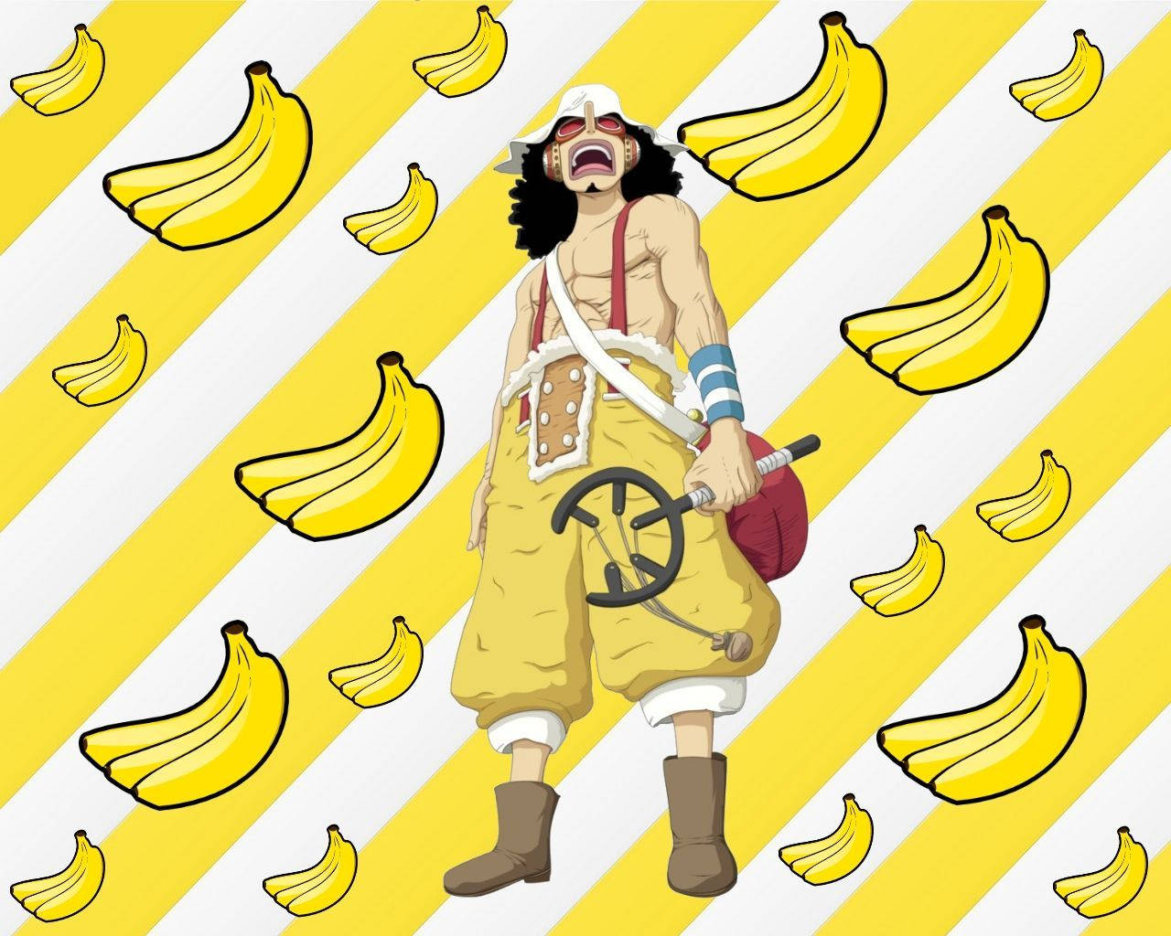 航海王 騙人布 桌布 壁紙 — 一個穿著香蕉主題服裝的卡通海盜站在黃白條紋背景前，周圍有香蕉落下。