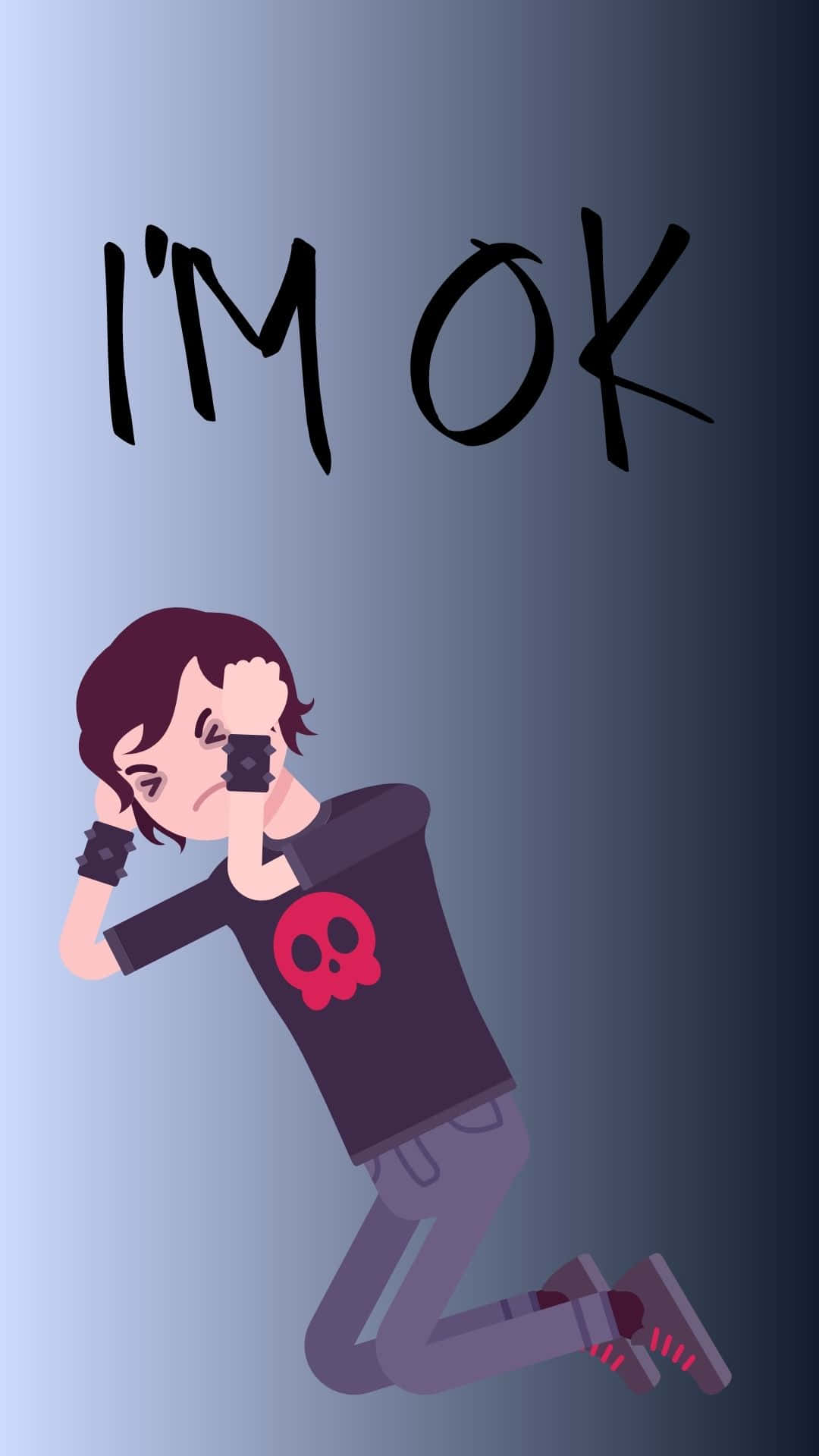 Cute Emo 桌布 壁紙 — 一個穿著骷髏衫的卡通人物跪著拿著相機，藍色漸變背景上寫著「I'M OK」。