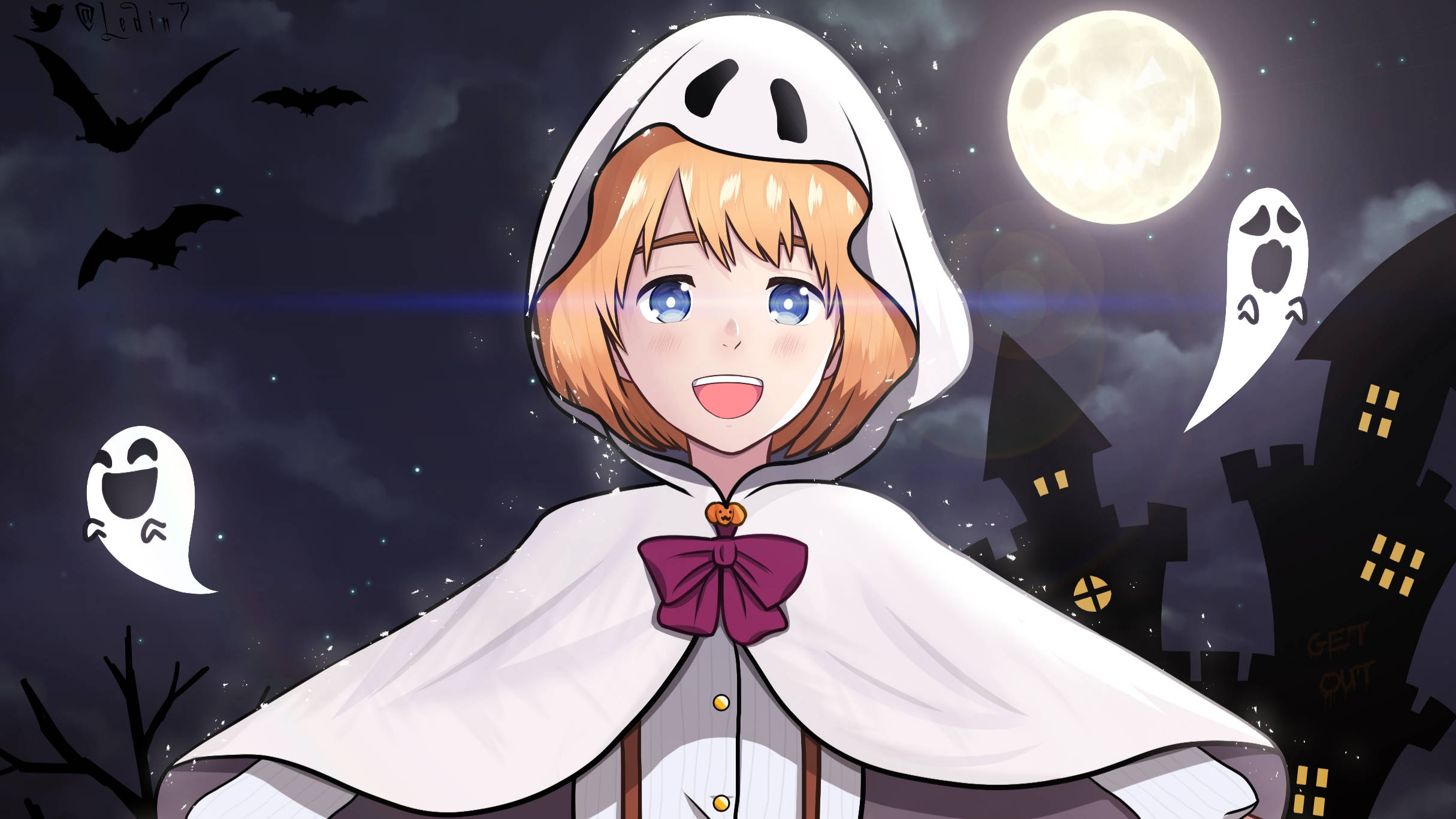 Armin 桌布 壁紙 — 一個穿著鬼魂服裝的開朗動畫女孩在滿月下微笑，附近有蝙蝠和漂浮的鬼魂，旁邊是一間鬼屋。