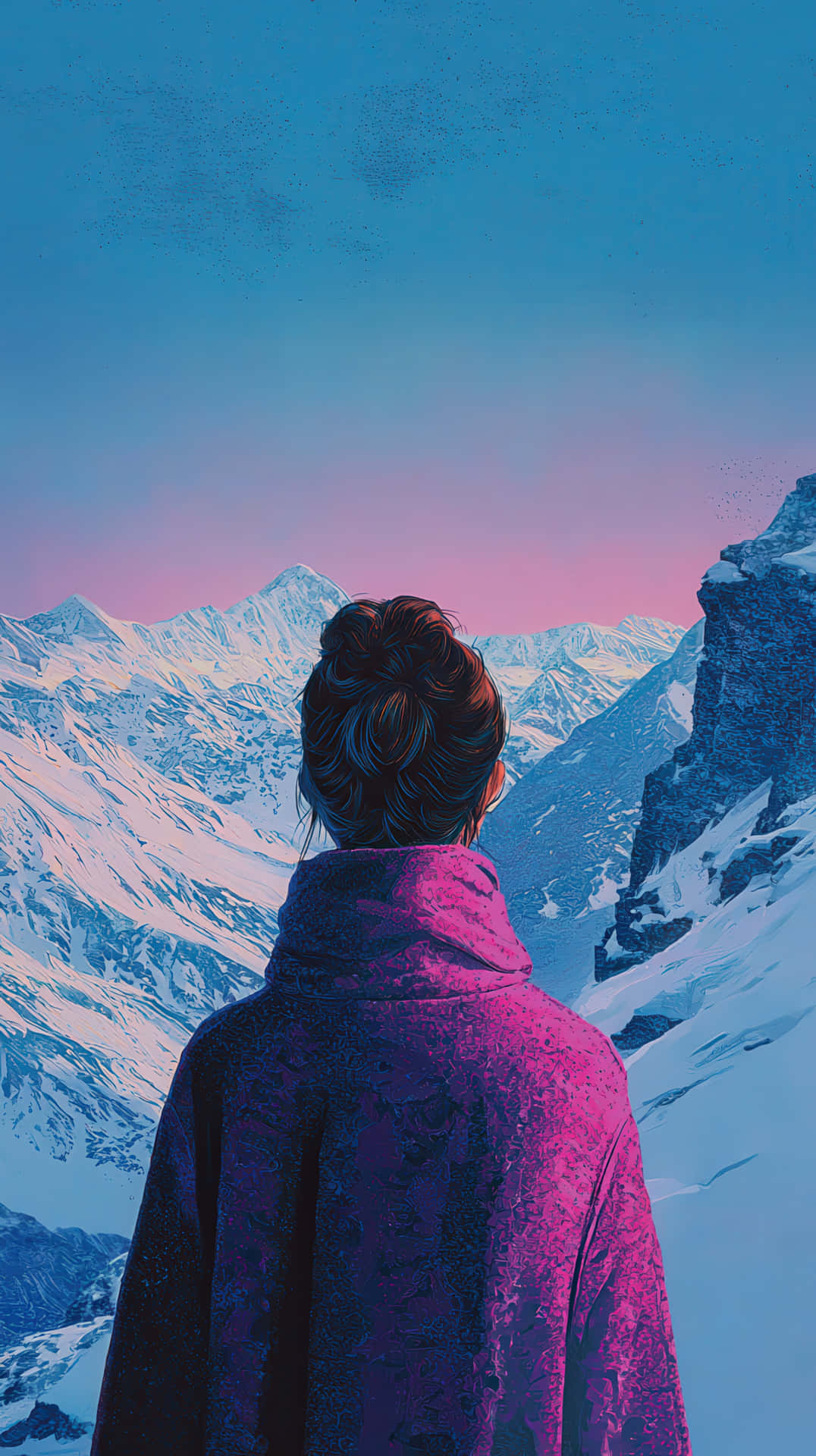 Woman gazing at snowy mountain peaks during twilight 壁紙 — 一個穿著鮮紫色外套的人背向觀眾，凝視著在粉紅與藍色交織的暮色天空下的積雪山峰。