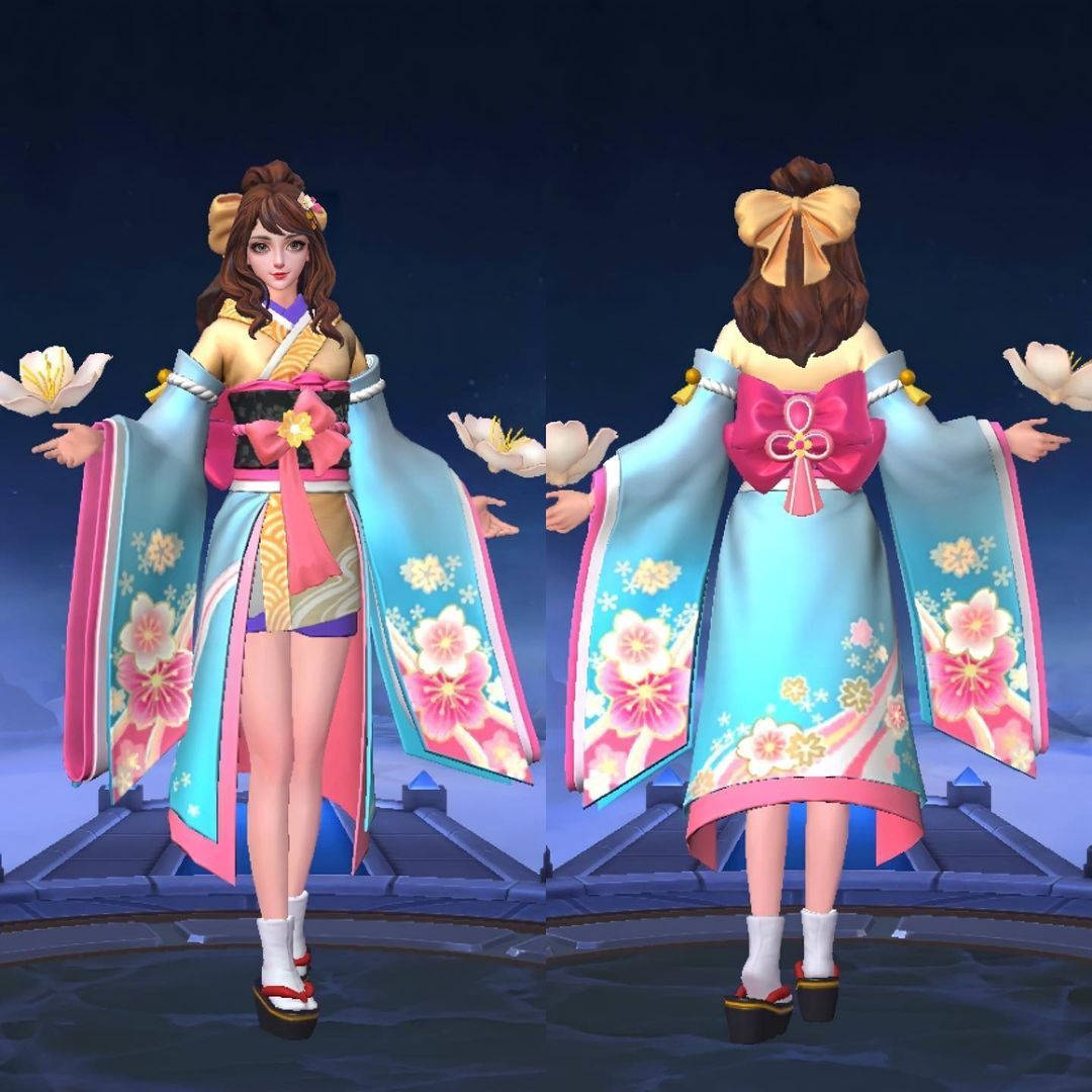 Guinevere 桌布 壁紙 — 一個穿著鮮豔花卉和服的數位角色，以星空夜空和飄浮的櫻花為背景，展示了正面和背面視角。