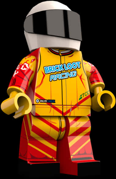 樂高 桌布 壁紙 — 一個穿著黃紅賽車服的LEGO人偶，帶有'Brick Loot Racing'文字，站在黑色背景前。