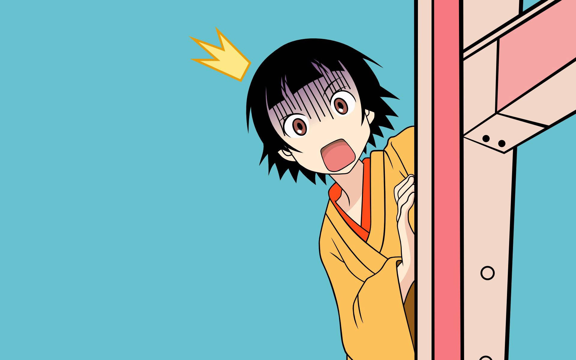 Cartoon 桌布 壁紙 — 一個穿著黃色和服的驚訝動漫女孩從粉紅色門框後面探出頭來，背景是純藍色。