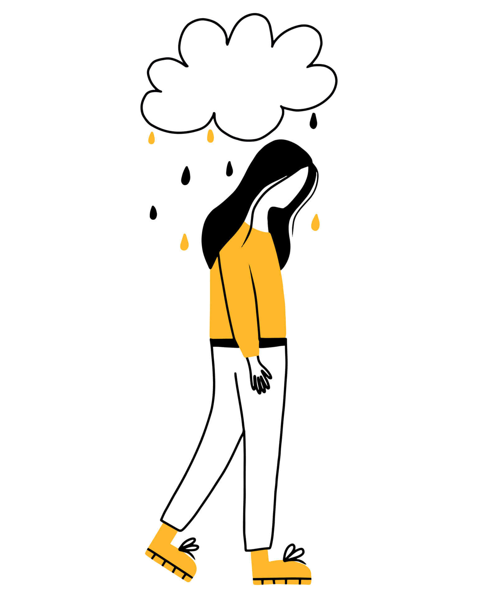 Depression Girl 桌布 壁紙 — 一個穿著黃色毛衣的風格化女孩在雲下行走，雲下著黑色和黃色的雨滴。