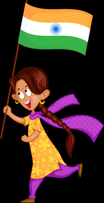 India Flag 桌布 壁紙 — 一個穿著黃色碎花裙和紫色圍巾的開心卡通女孩，在黑色背景前快樂地奔跑，揮舞著印度國旗。
