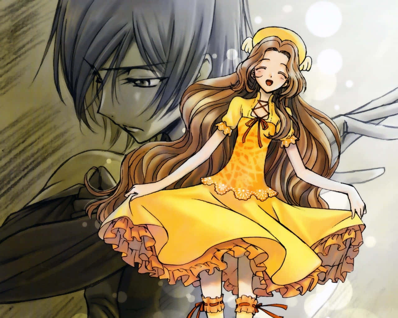 Nunnally Lamperouge 桌布 壁紙 — 一個穿著黃色荷葉邊連衣裙的開朗動漫女孩，坐在一個陰沉的灰髮人物面前，背景柔和發光。