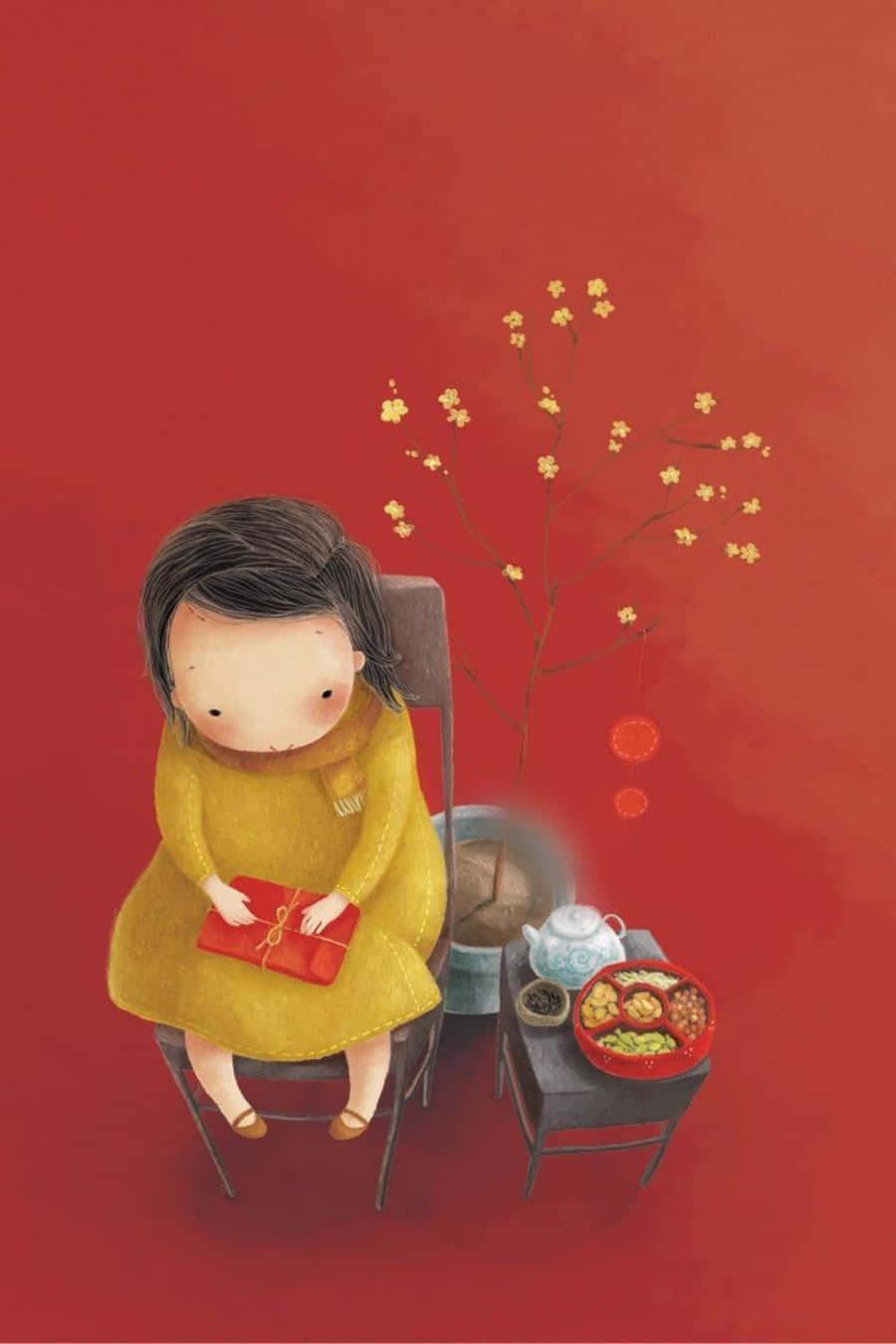 桌布 壁紙 — 一個穿著黃色裙子的孩子坐在椅子上，拿著一個紅色禮物盒，旁邊的小桌子上有茶和食物，背景是鮮豔的紅色，帶有開花的樹枝。