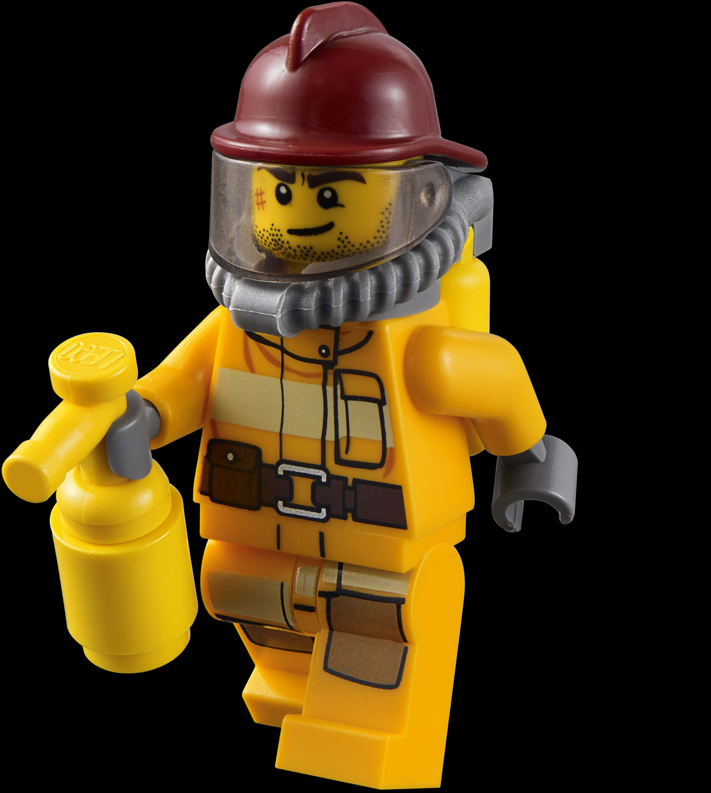 樂高 桌布 壁紙 — 一個穿著黃色裝備和紅色頭盔的LEGO消防員迷你人偶，在黑色背景前拿著一條黃色水管。