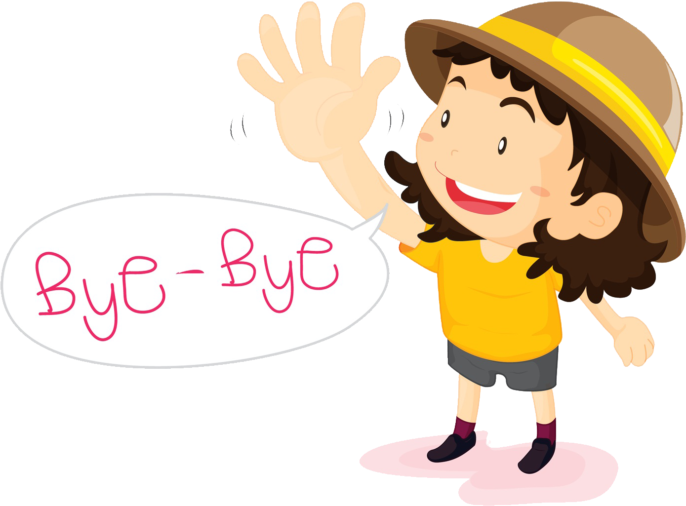 Goodbye 桌布 壁紙 — 一個穿著黃色襯衫和棕色帽子的快樂卡通女孩，面帶微笑，揮手告別，並有一個對話框寫著「Bye-Bye」。