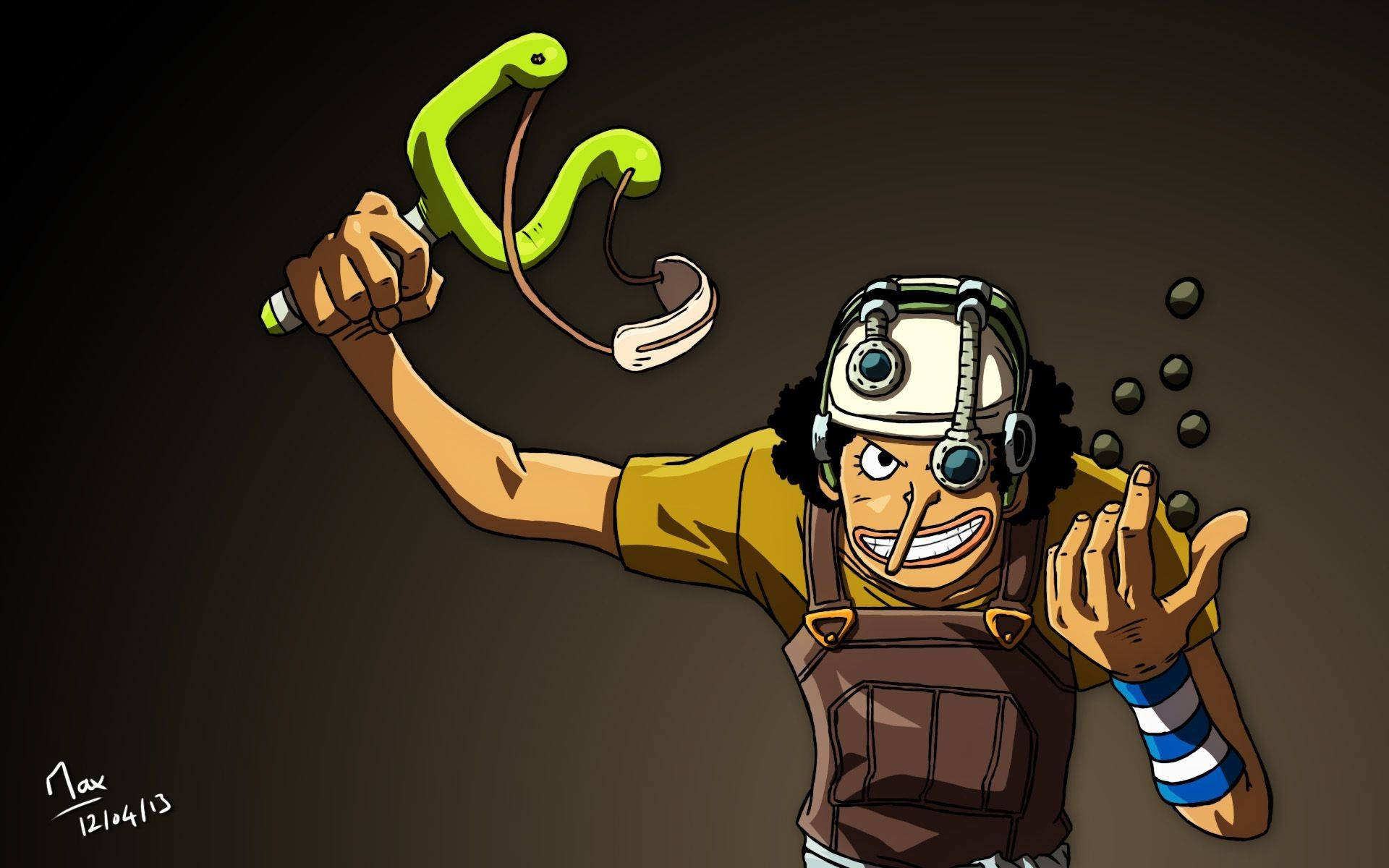 one piece usopp 桌布 壁紙 — 一個穿著黃色襯衫和護目鏡的開朗動漫角色，在深色背景前揮舞著一條綠色蛇形工具。