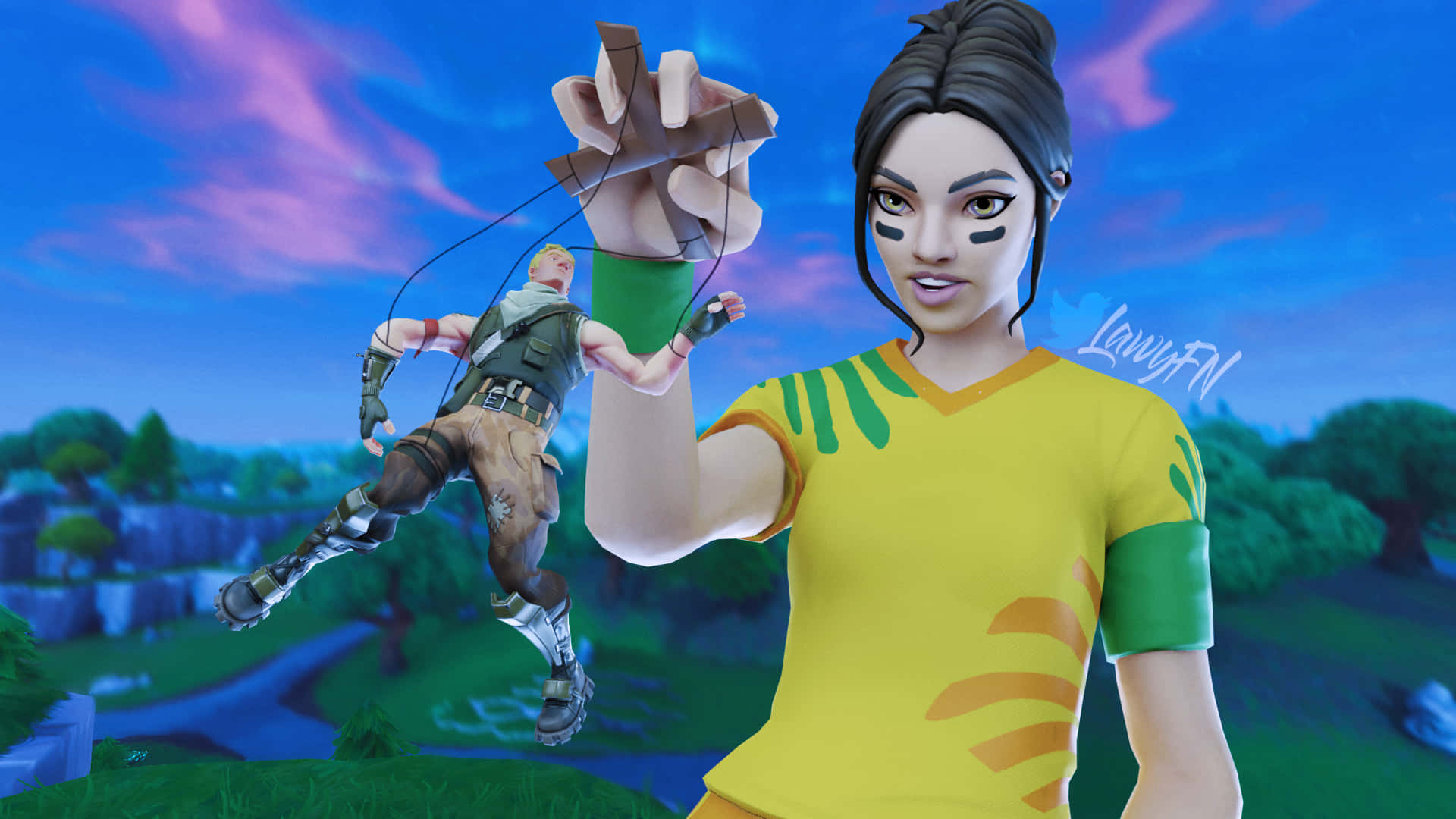 桌布 壁紙 — 一個穿著黃色襯衫的Fortnite角色，在充滿活力的黃昏天空背景下，用繩子操控著另一個角色的人偶。