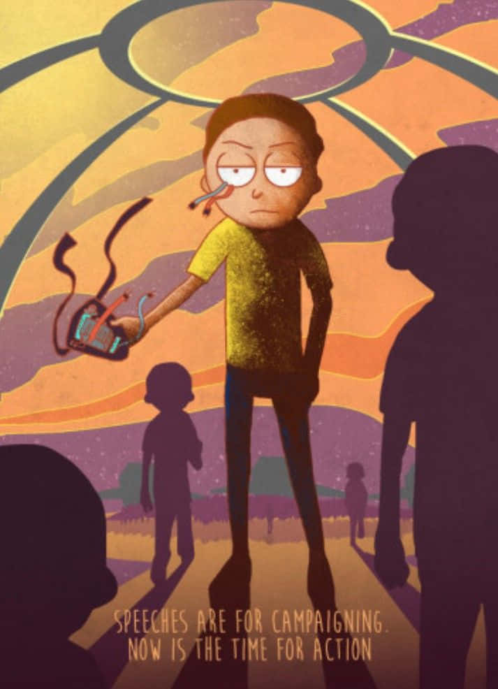 Evil Morty 桌布 壁紙 — 一個穿著黃色襯衫的卡通男人拿著一個冒煙的裝置，而剪影人物在旋轉的橙色和紫色天空下觀看。