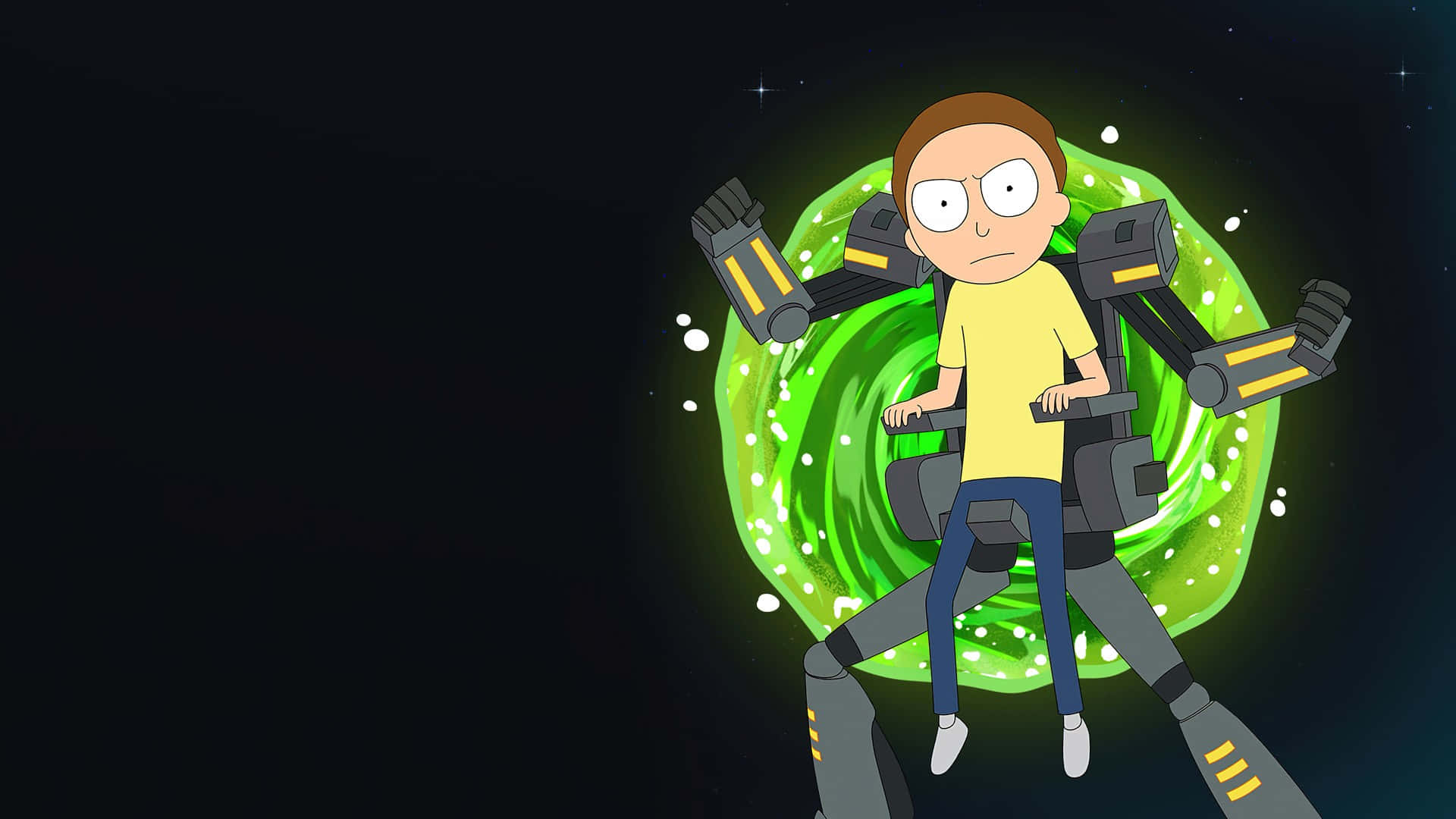 Rick And Morty Portal 桌布 壁紙 — 一個穿著黃色襯衫的卡通男孩站在發光的綠色傳送門中，帶有機械臂，背景是星空夜空。