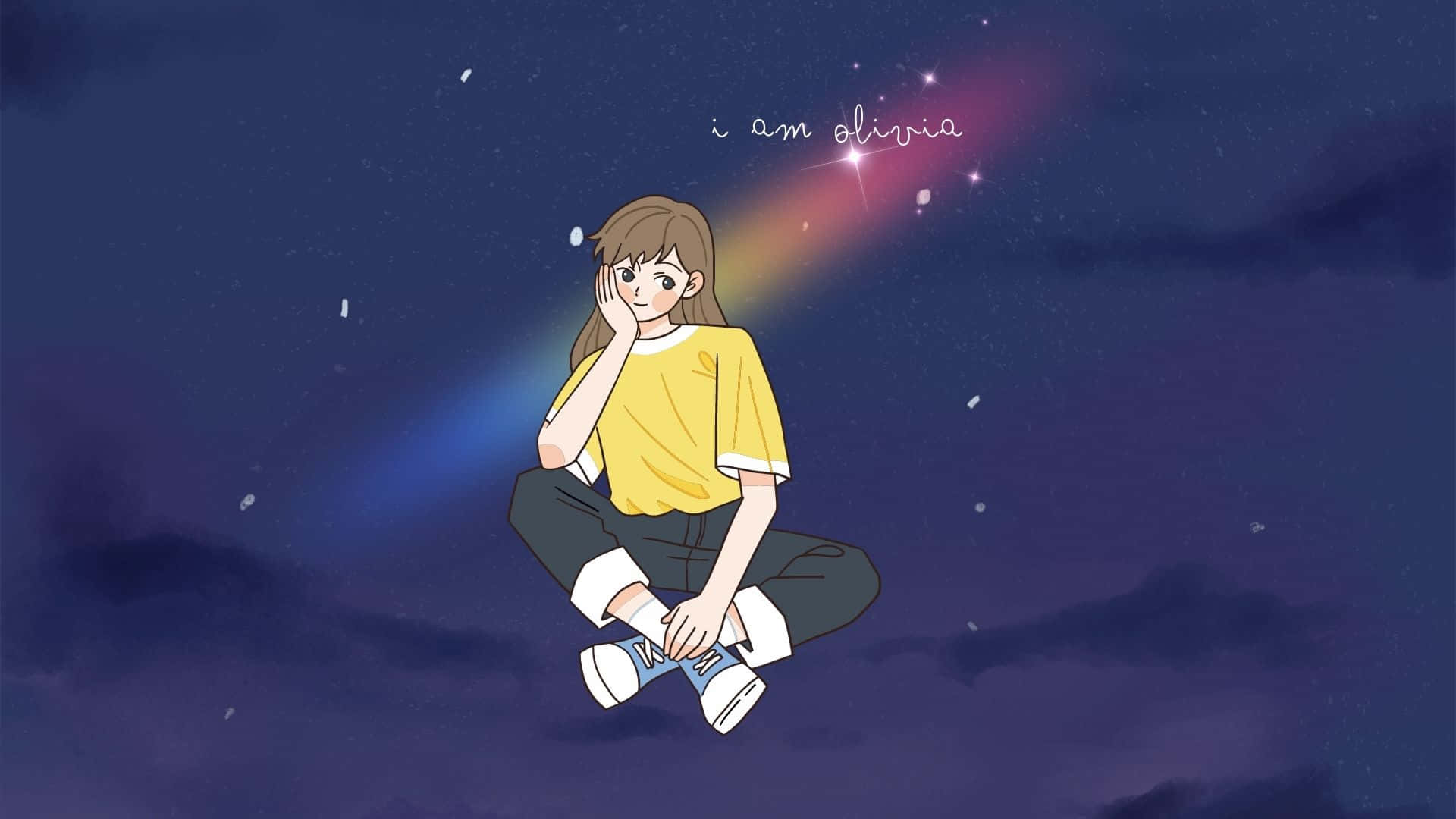 女孩 桌布 壁紙 — 一個穿著黃色襯衫的女孩在星空下平靜地漂浮，身後留下一道彩虹痕跡。