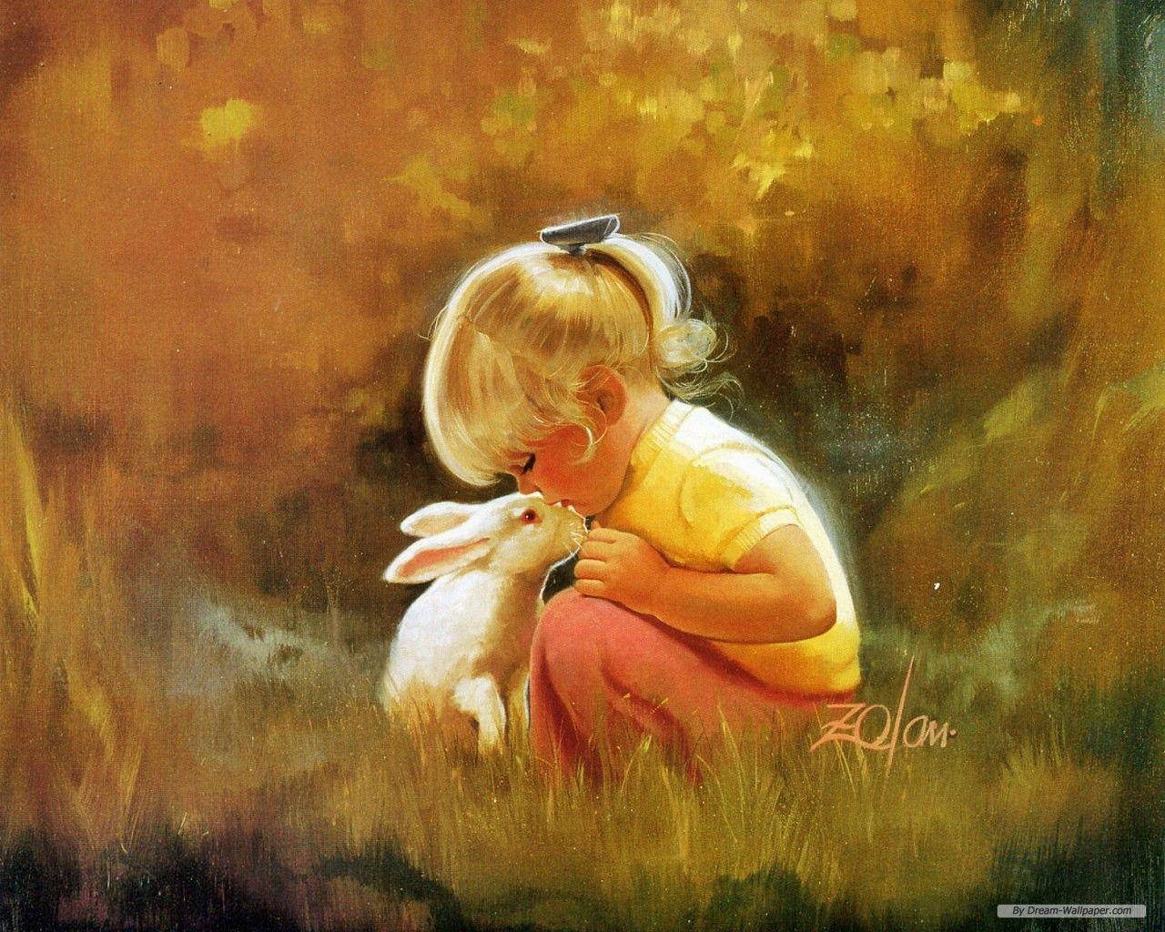 Paint Art 桌布 壁紙 — 一個穿著黃色襯衫的小女孩在陽光明媚的金色草地上輕輕親吻一隻白兔。